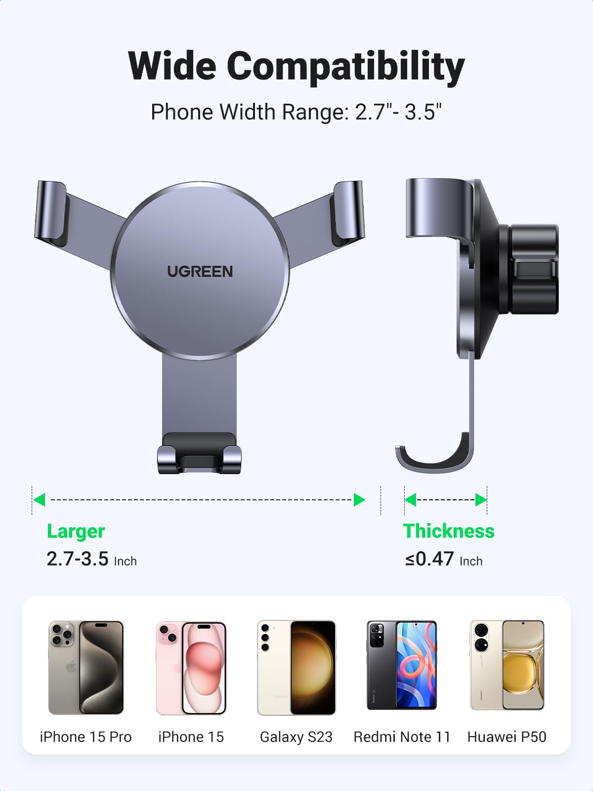 UGREEN Soporte Móvil Coche Gravedad con Gancho para Ventilación, Suporte Telemovel Carro Compatible coniphone 17 Pro MAX Air/16/15/14;Samsung Galaxy S25/S24; Google Pixel 10/9/8 Gris