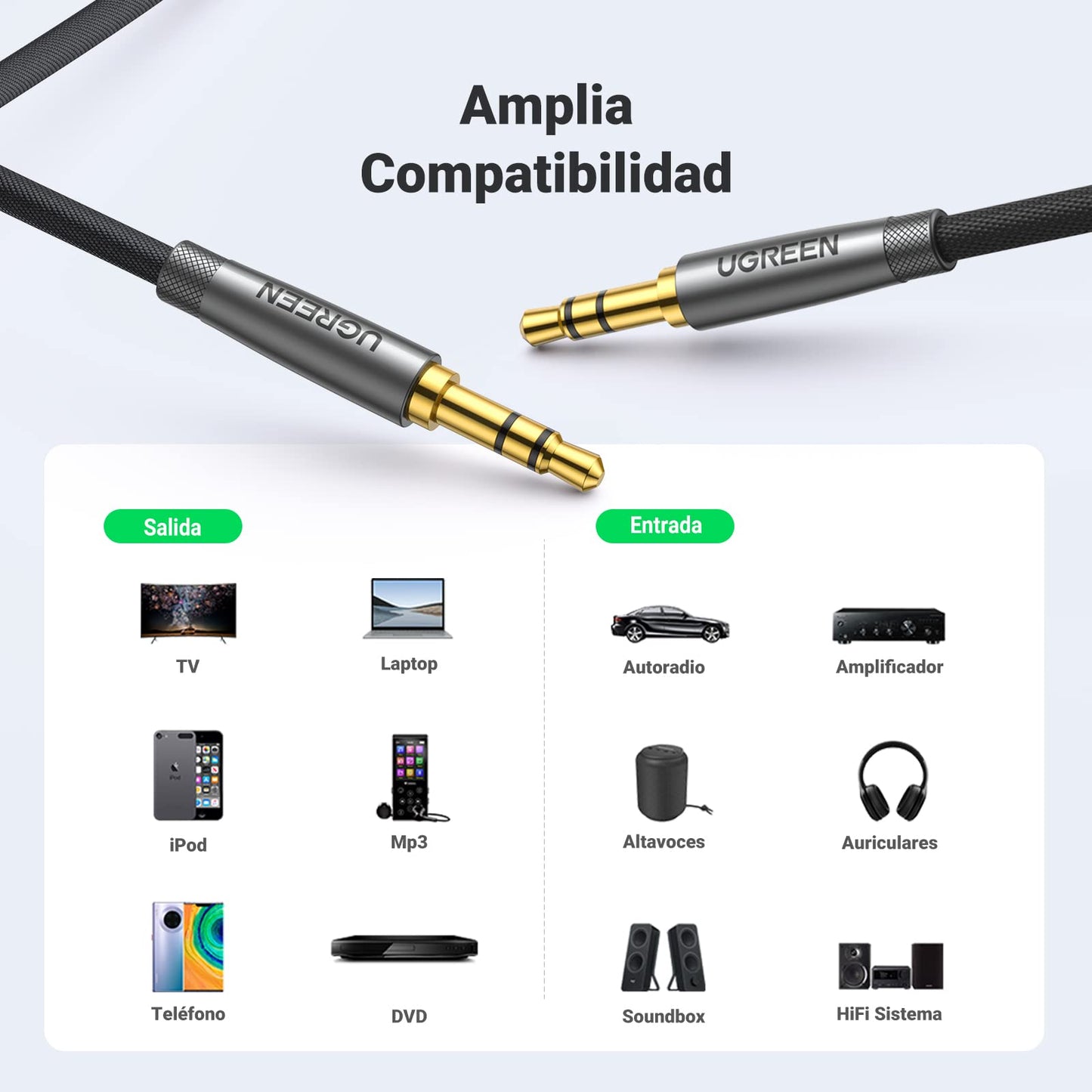 UGREEN Cable Audio Jack 3.5mm Macho HiFi Estéreo Nylon Trenzado Auxiliar Compatible con Autoradio Auriculares Altavoz TV iPhone MP3 (1M)