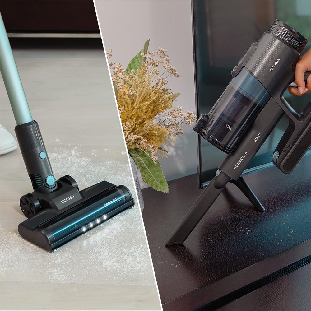 Cecotec Aspirador Escoba sin Cable Conga Rockstar 1500 Ray Pure. 215 W, 12 kPa, AutonomÌa 45 min, 3 en 1, Cepillo Mixto, Accesorios, 2 Programas, CiclÛn Paralelo, DepÛsito 500 ml