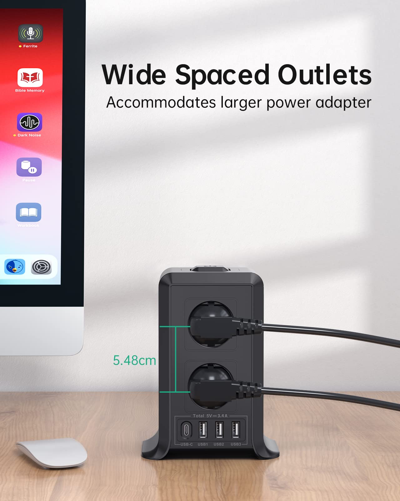 Torre Regletas Enchufes, Regleta USB 8 Tomas de AC y 4 USB Enchufe Multiple,Regleta Enchufes Proteccion Sobretension, 2 M Regreltas Vertical con Interruptor para Mesa, Oficia, Casa, Negro
