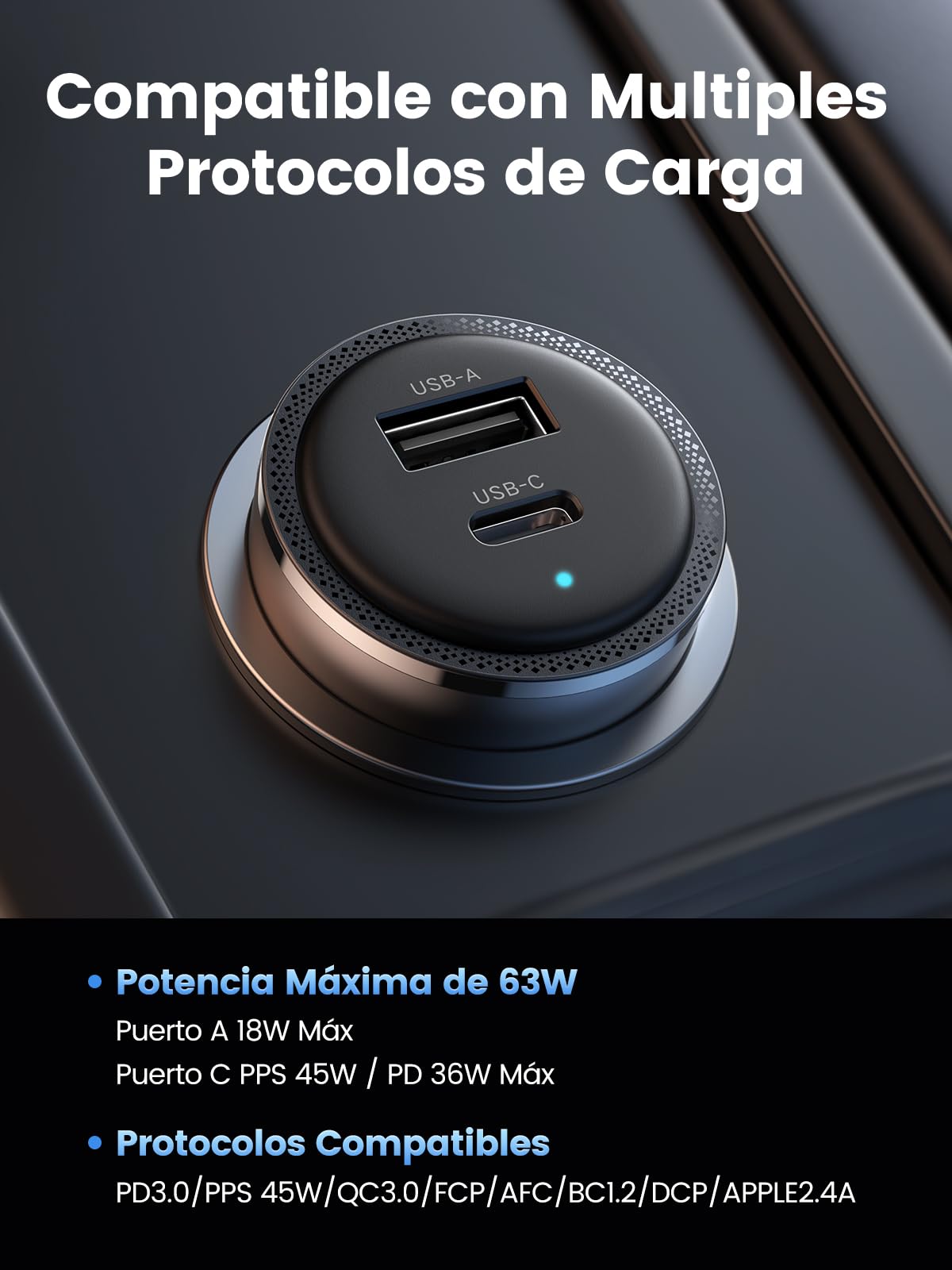 UGREEN 63W Cargador Coche USB C PD QC 3.0 PPS 45W Car Charger Tipo C