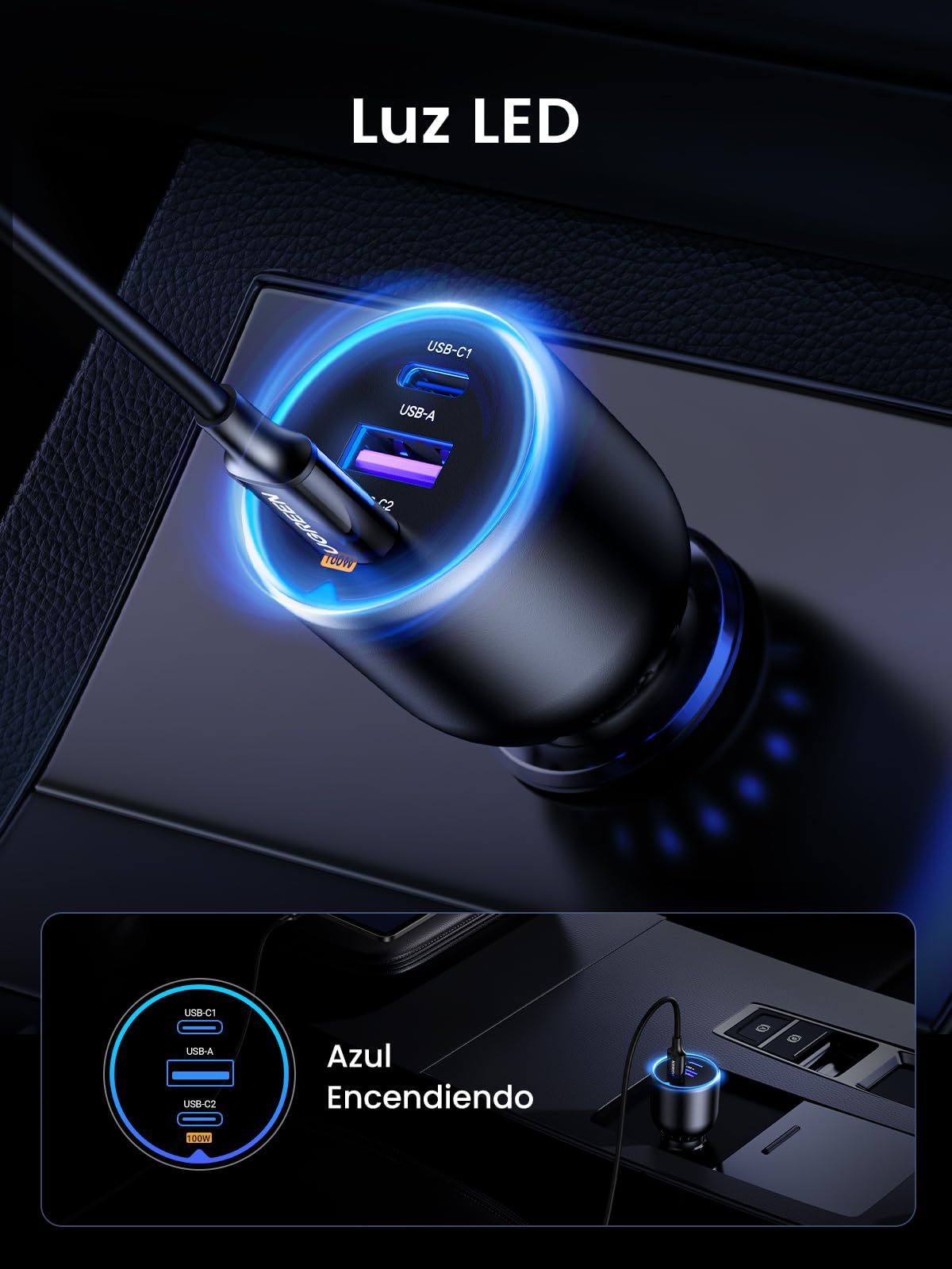UGREEN 130W Cargador Coche USB C 45W PPS PD QC 3.0 Car Charger con Cable