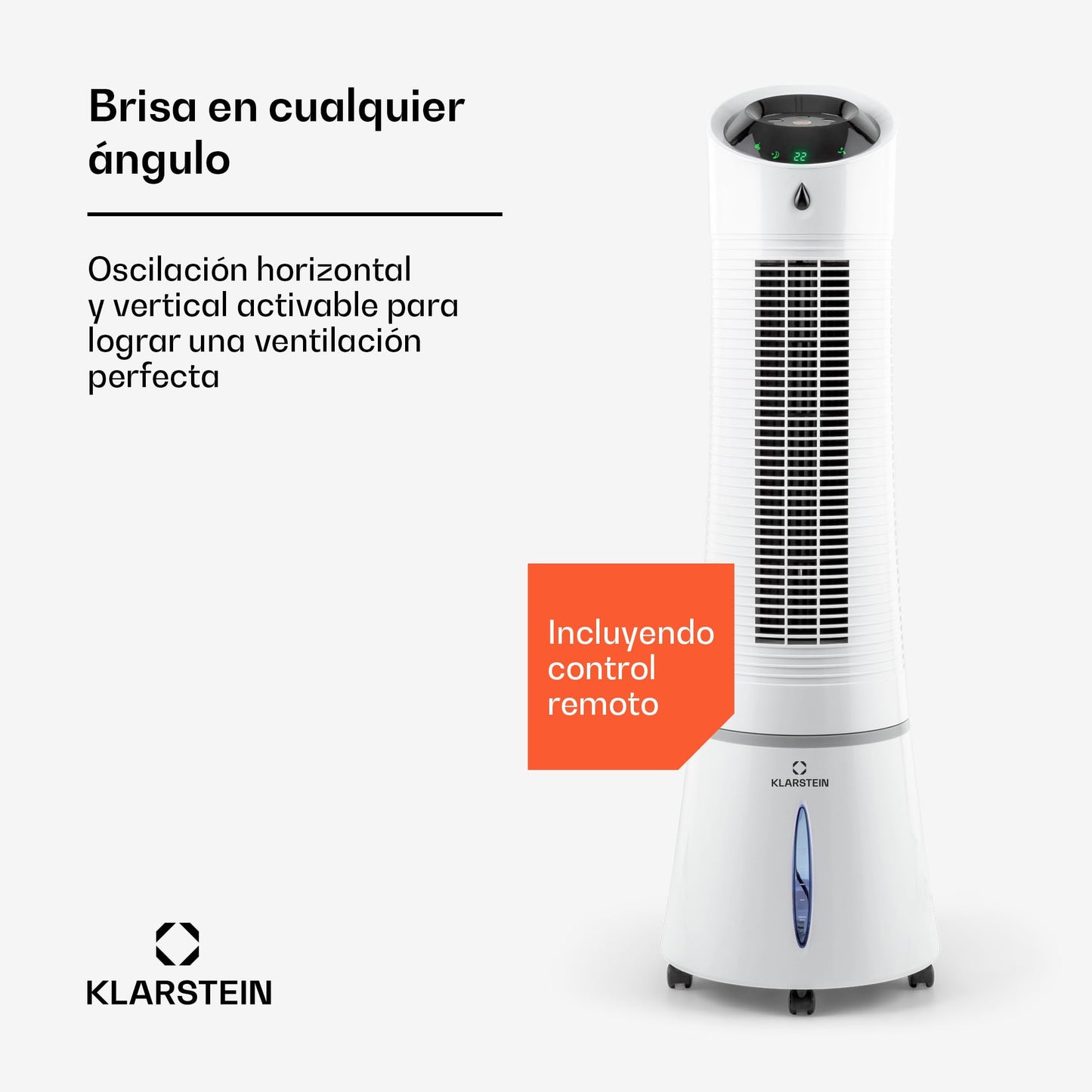Klarstein Skyscraper Ice Smart Climatizador Evaporativo – 4 en 1: Ventilador, Enfriador, Purificador & Humidificador, 180 m³/h, Control App & Alexa, Depósito 6L, Oscilación, Ionizador, Blanco