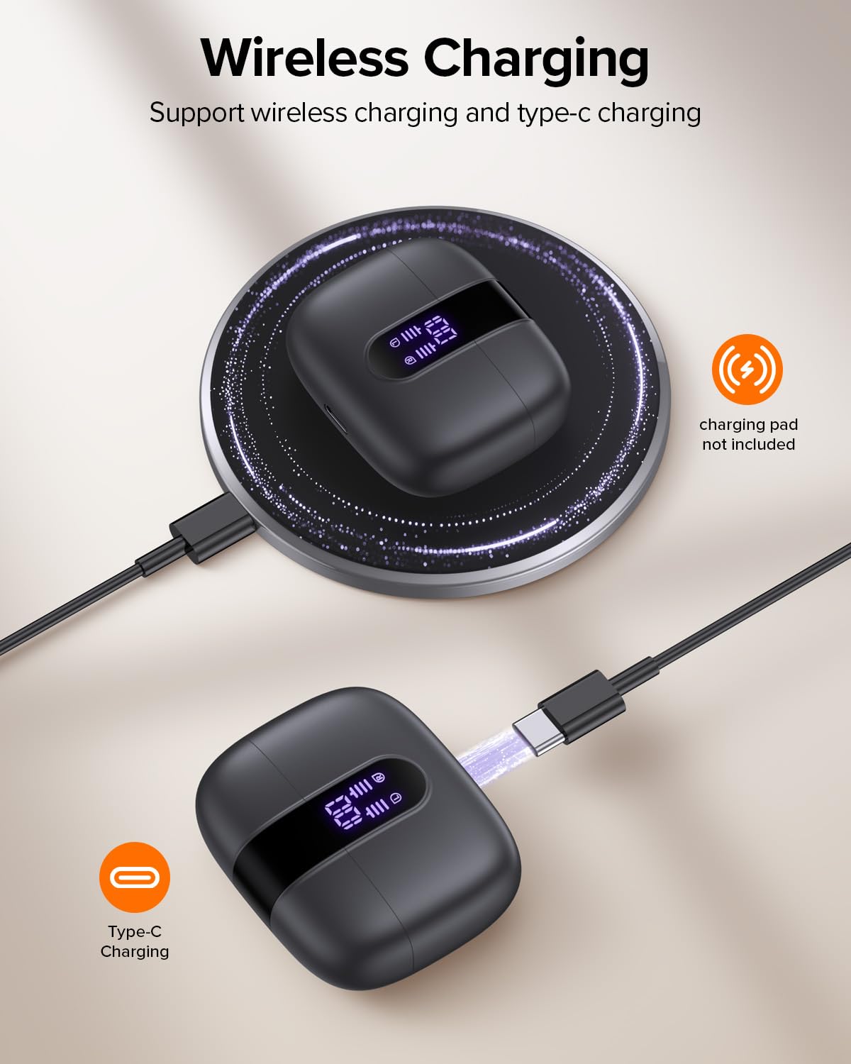 Auriculares inalámbricos Verdaderos de LED Power Display Aurfones con Estuche de Carga inalámbrica IPX5 Implaz