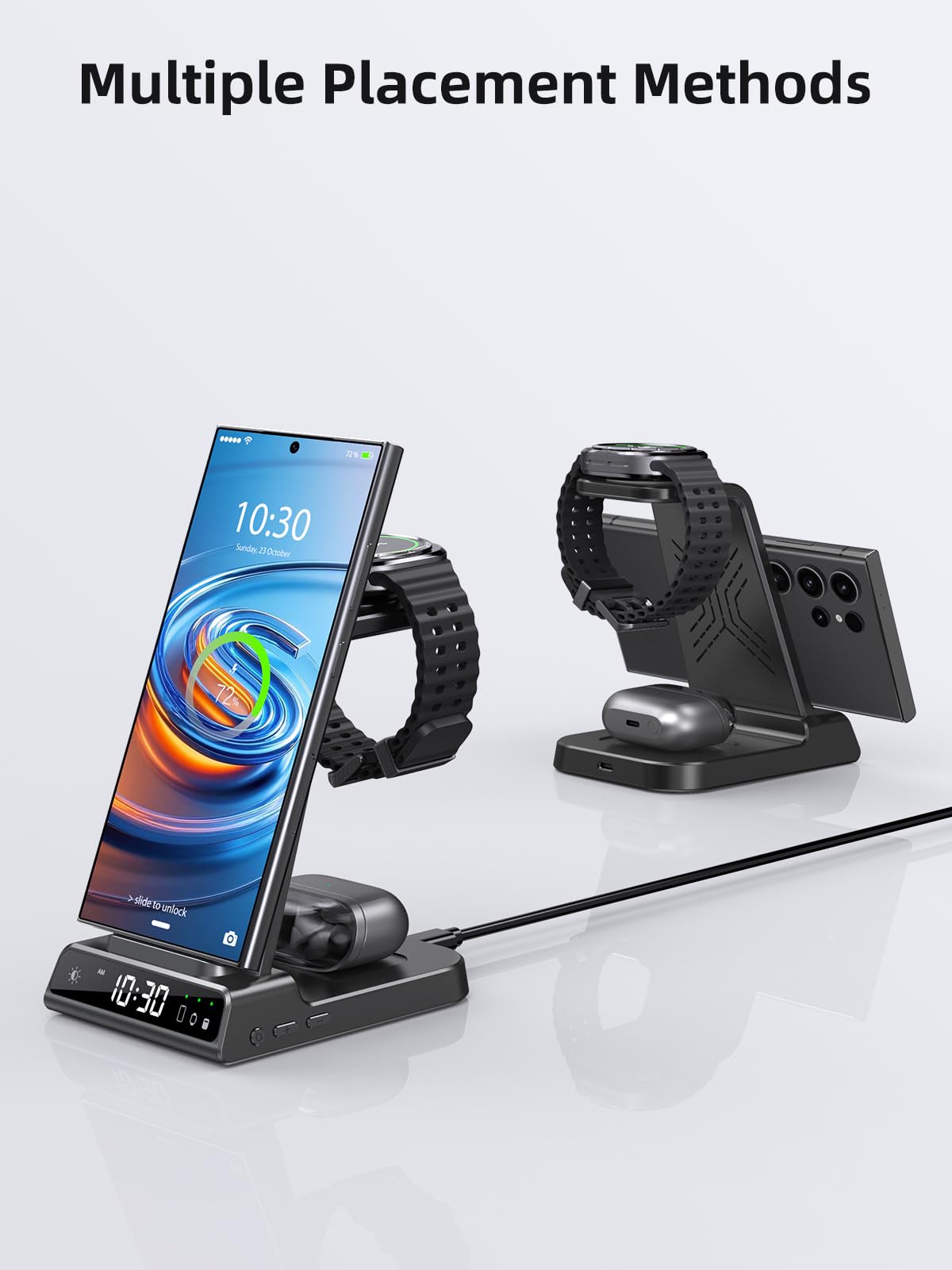 Cargador Inalambrico para Samsung, 3 in 1 Wireless Charger para Samsung für Galaxy S25 Ultra/S24/Z Fold 6/Z Flip 6, Base de Carga con Reloj Digital para Galaxy Watch Ultra/7/6, Galaxy Buds Pro 2