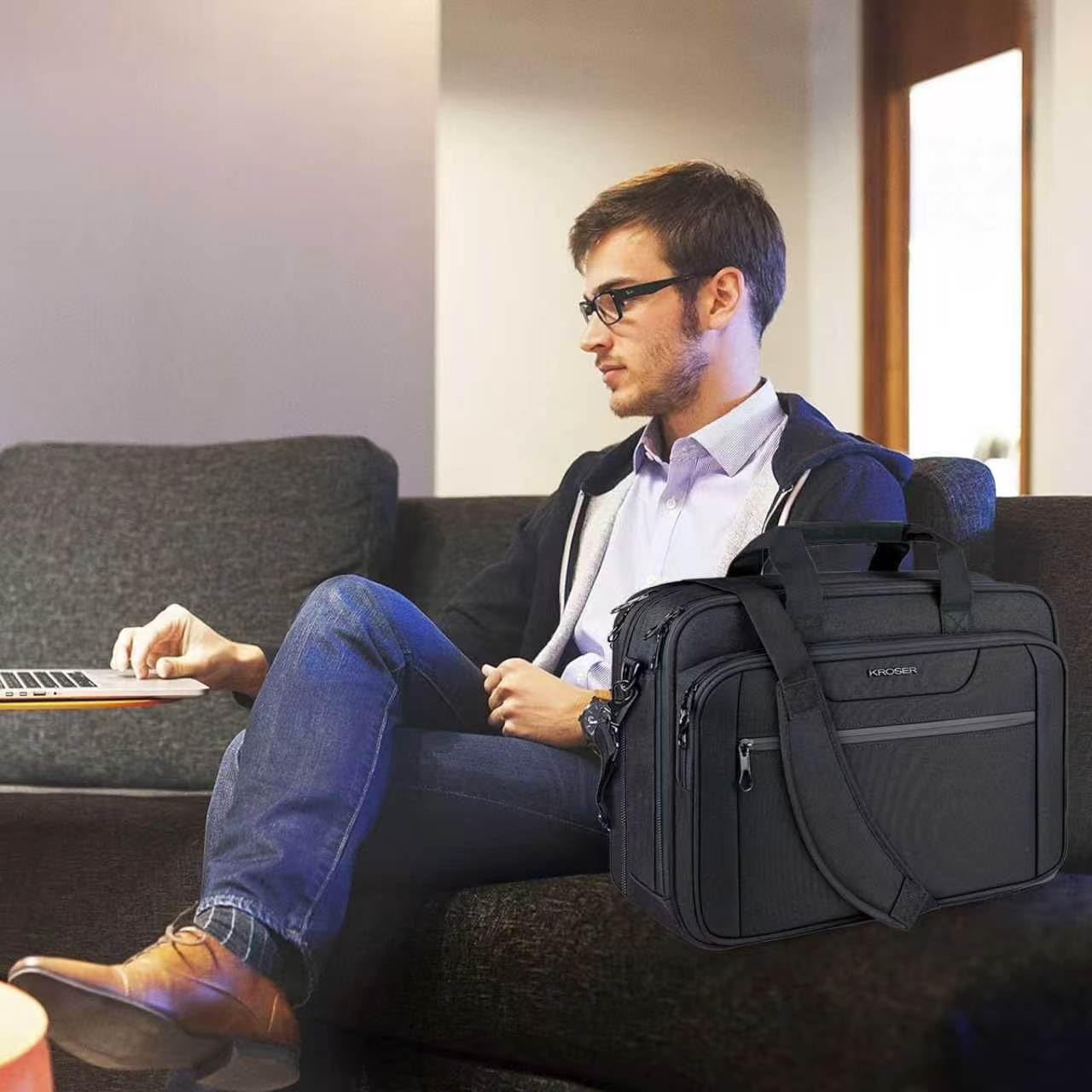 KROSER Bolsa para Laptop 18" Maletín Portátil Extensible hasta 17.3 Pulgadas Repelente al Agua Bandolera Bolsa de Mensajero para Viajes/Negocios/Escuela/Hombres/Mujeres-Negro