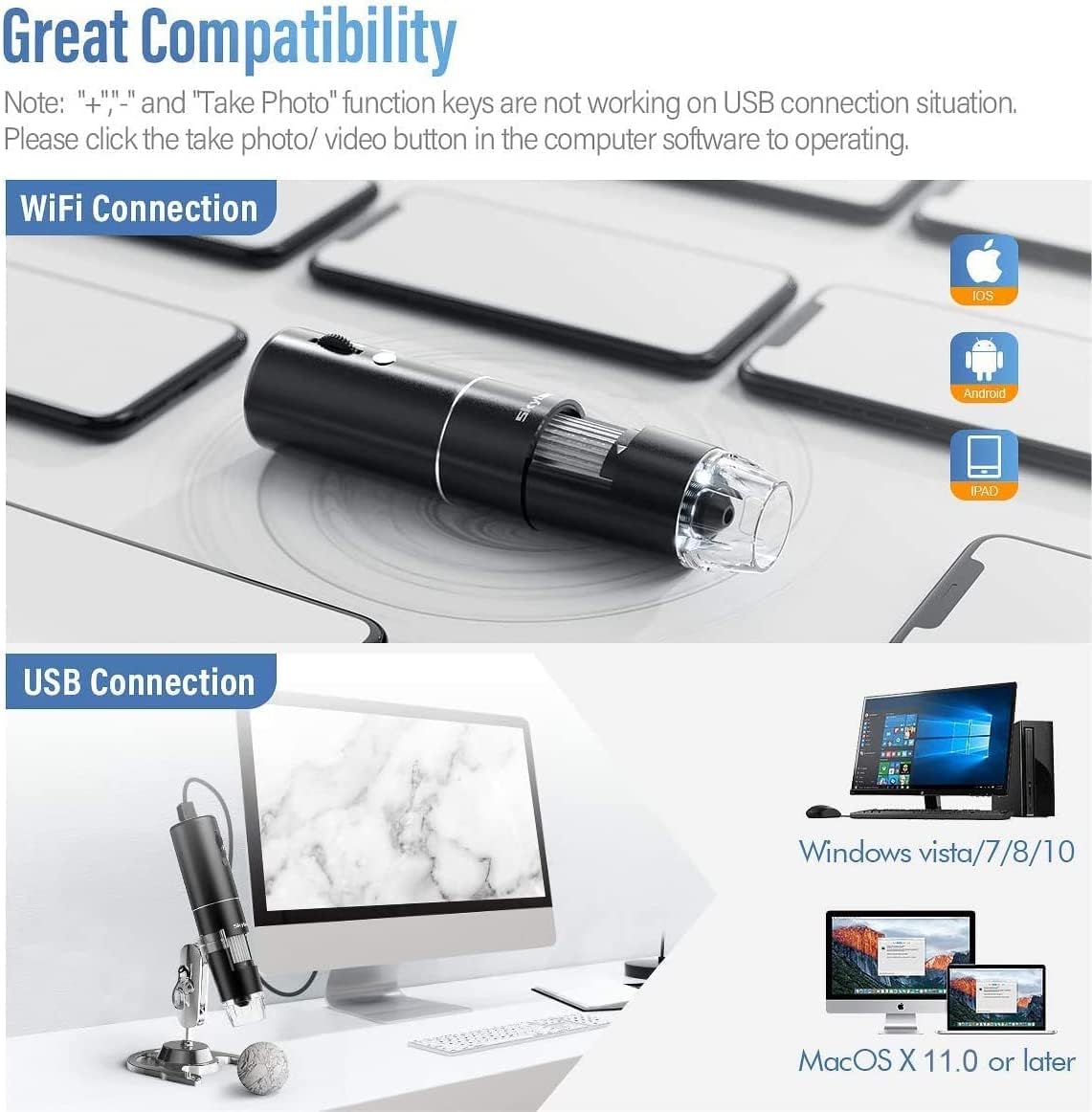 Microscopio Digital WiFi, microscopio Skybasic con Aumento de 50X a 1000X 1080P, microscopio Digital portátil con 8 LED para Android e iOS, Windows Mac