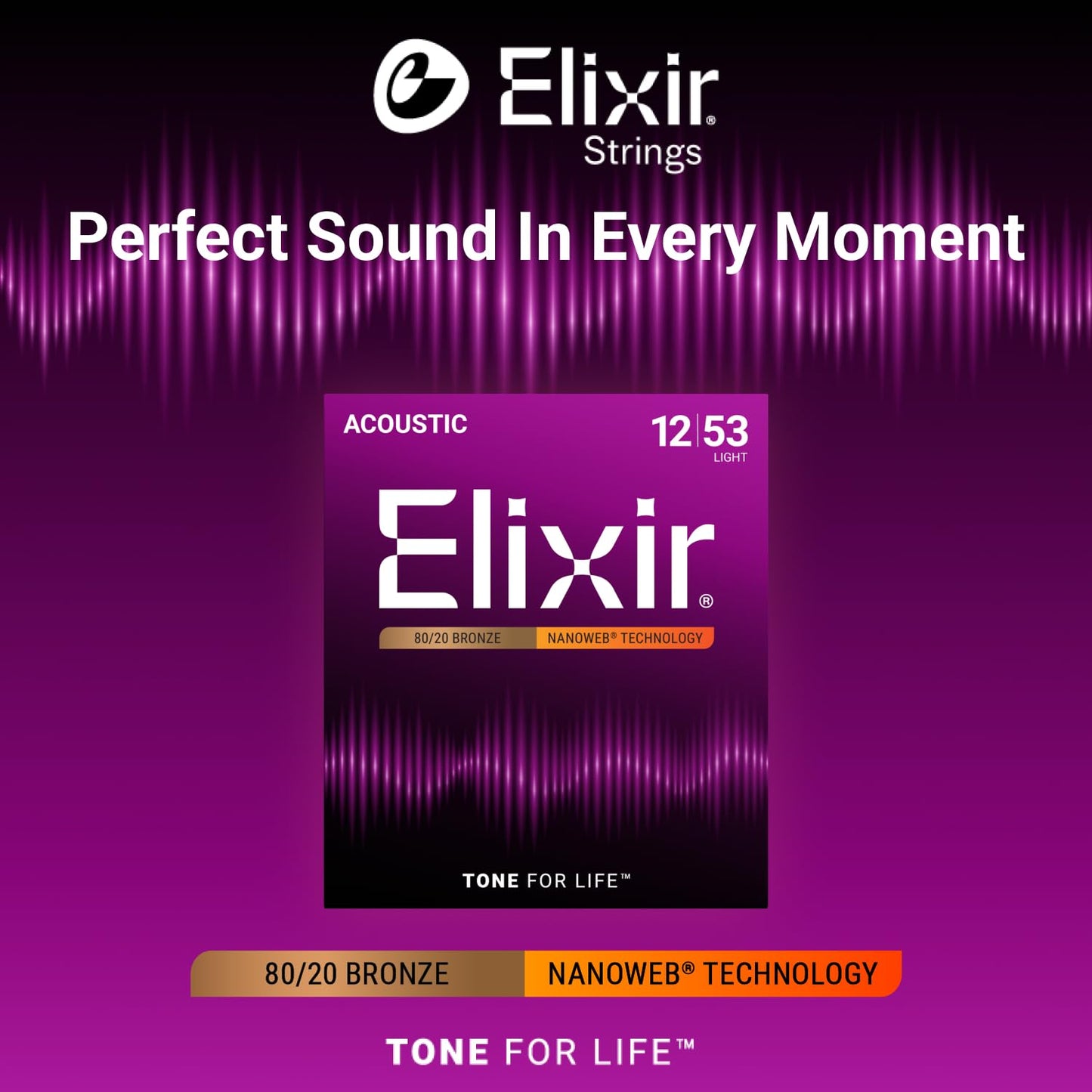 Elixir Cuerdas de guitarra acústica Strings de bronce en proporción 80/20 con recubrimiento NANOWEB, calibre ligero, 1 Pack, Light (12-53)