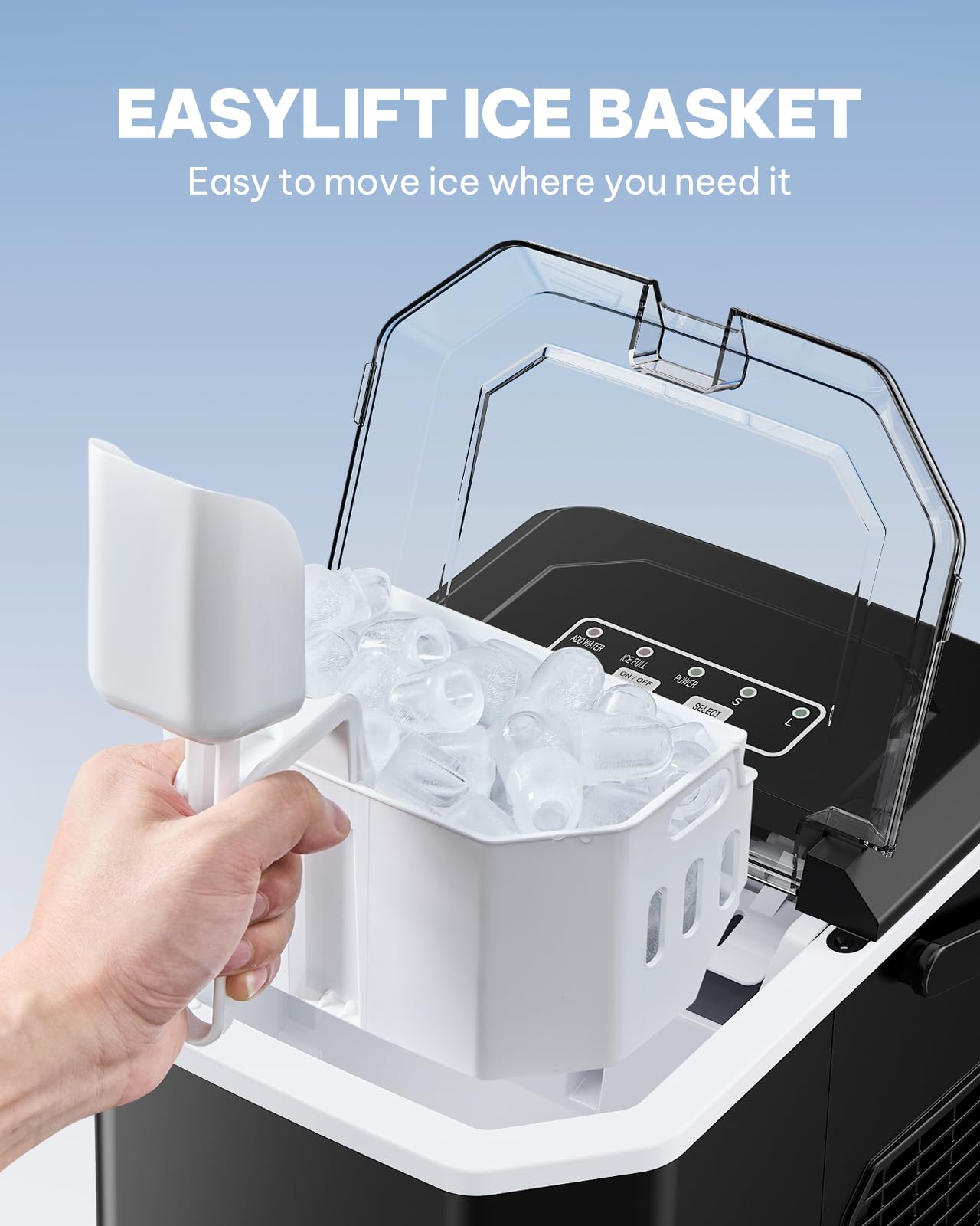 Silonn Máquina de hielo para encimera, máquina de hielo portátil con asa de transporte, máquina de hielo autolimpiable con cesta y pala, 9 cubos en 6 minutos, 26 libras por día