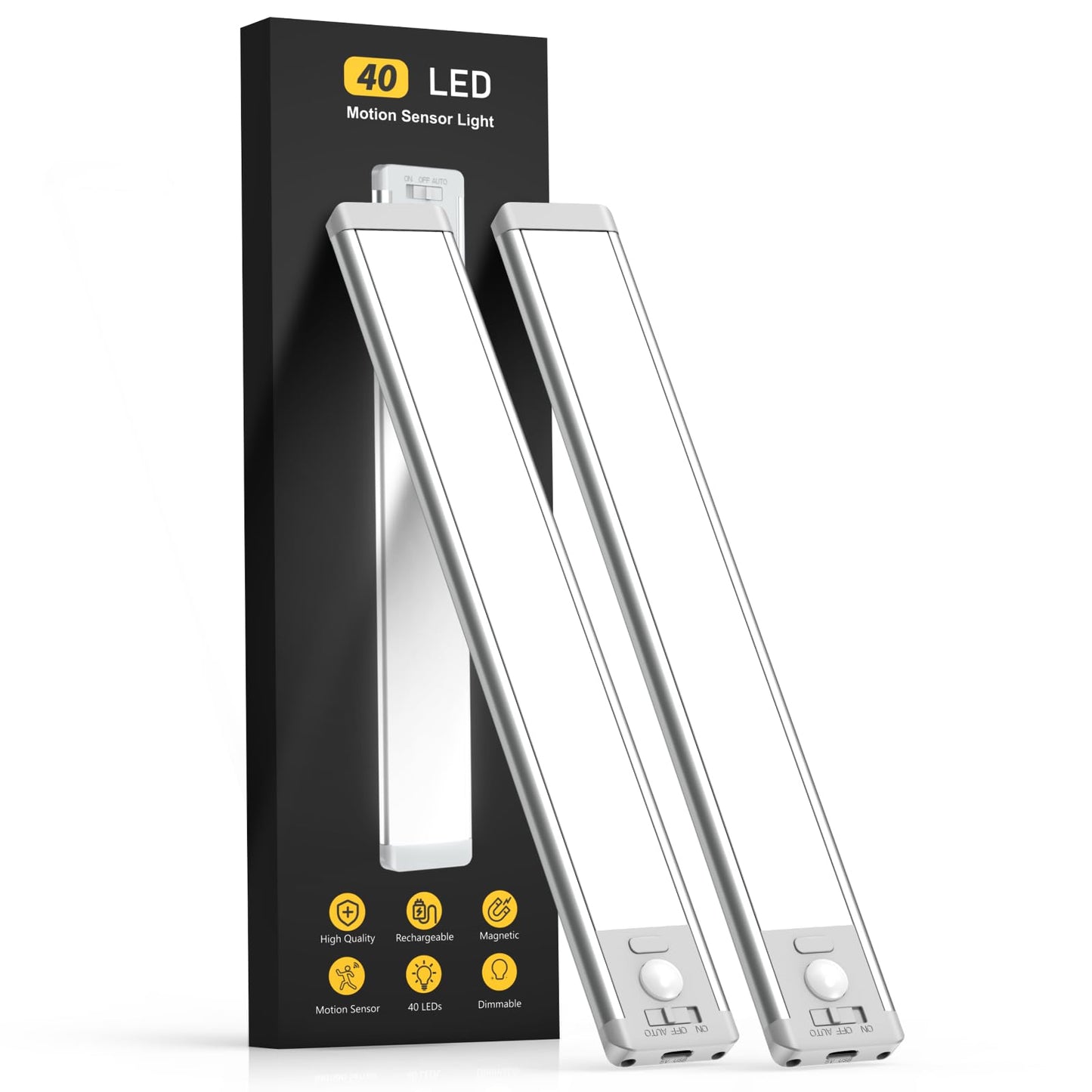 Luces para debajo del gabinete, 40 luces LED recargables con sensor de movimiento para interiores, paquete de 2 luces magnéticas regulables para armario, luces inalámbricas para debajo del mostrador