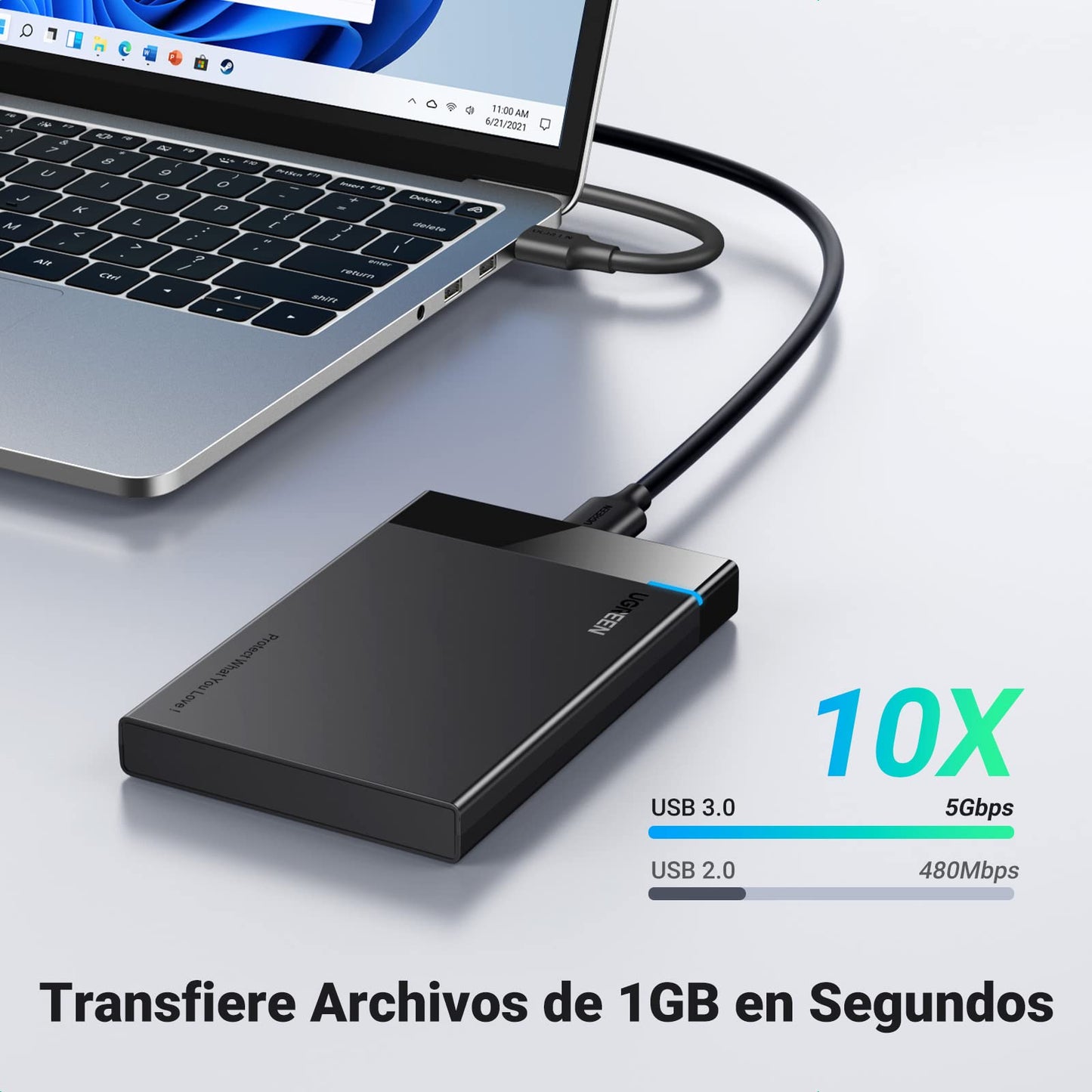 UGREEN Carcasa Disco Duro 2.5" USB 3.0 con UASP Caja 2,5 HDD SSD SATA I/II/III de 7mm 9.5mm, 6TB MAX Compatible con MacBook, Xbox X/S, PS4, TV con Cable