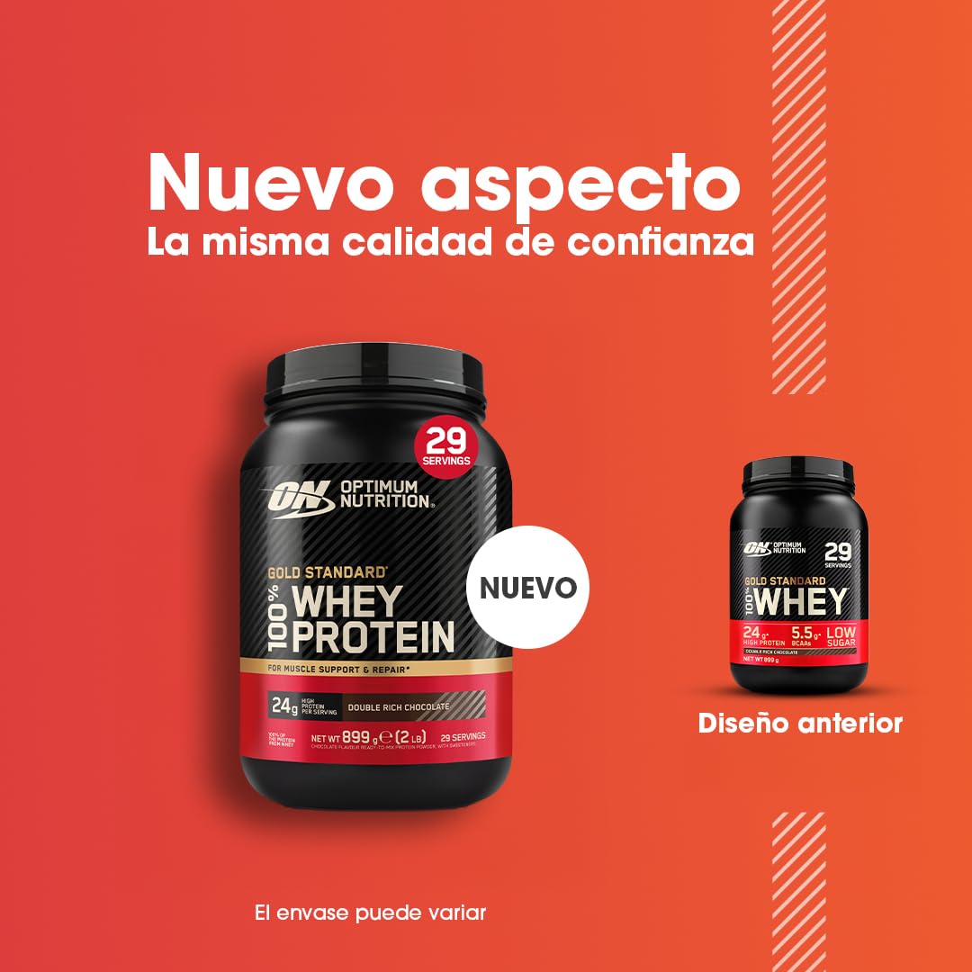 Optimum Nutrition Gold Standard 100% Whey, Proteína en Polvo, Sabor Doble Chocolate Rico, 899g, 29 Servicios, Paquete Puede Variar