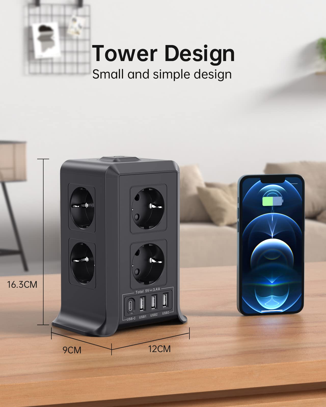 Torre Regletas Enchufes, Regleta USB 8 Tomas de AC y 4 USB Enchufe Multiple,Regleta Enchufes Proteccion Sobretension, 2 M Regreltas Vertical con Interruptor para Mesa, Oficia, Casa, Negro