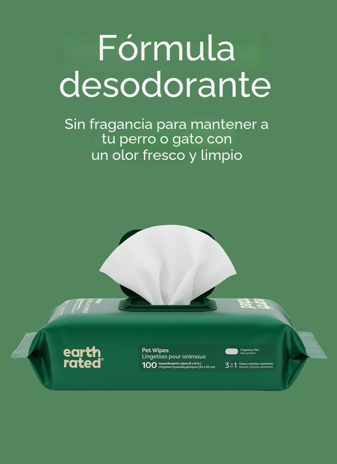 Earth Rated Toallitas hipoalergénicas para Perros, para Limpiar y Eliminar olores de Patas, Cuerpo y Trasero, Cachorros y Perros Adultos, sin Aroma, 100 Unidades