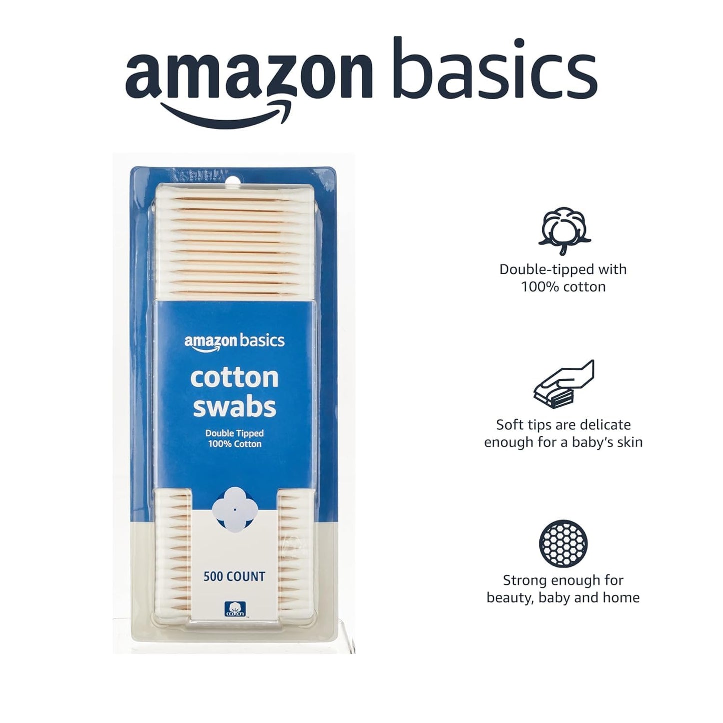 Amazon Basics Hisopos de algodón, 500 ct, 1 paquete (anteriormente Solimo)