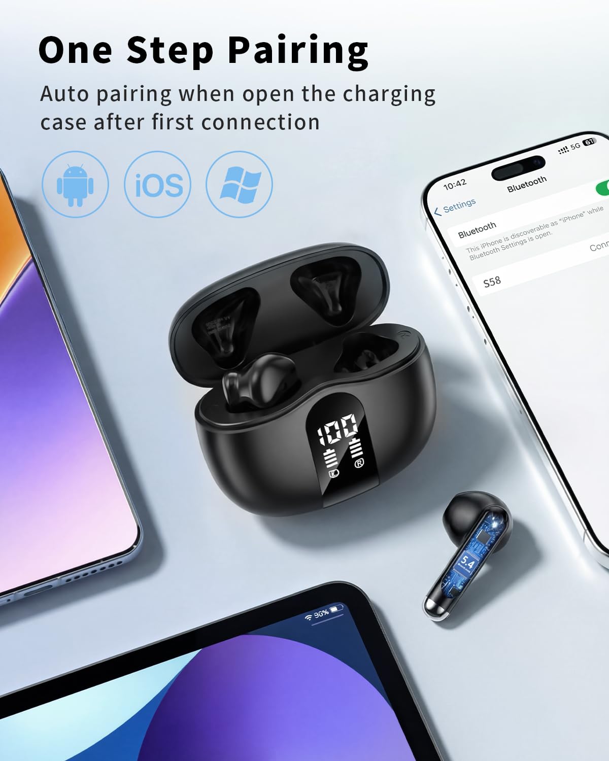 Auriculares inalámbricos, Bluetooth 5.4 2026, auriculares estéreo de graves con micrófono con cancelación de ruido, pantalla LED, auriculares intraurales de 50 horas de reproducción, IP7 impermeables