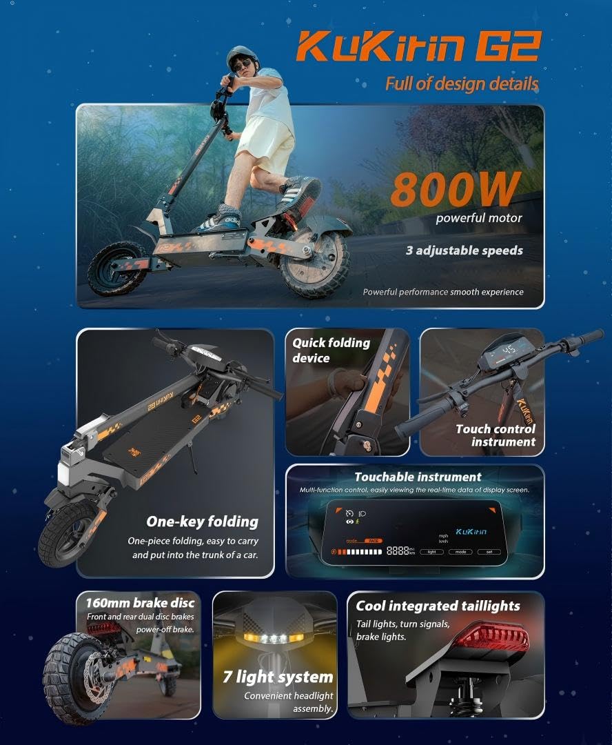 Kukirin G2 Patinete eléctrico Plegable, batería de 48 V 15 Ah, neumáticos de 10 Pulgadas, autonomía de 55 km, Pantalla táctil, Frenos de Disco Delanteros y Traseros, Patinete eléctrico para Adultos