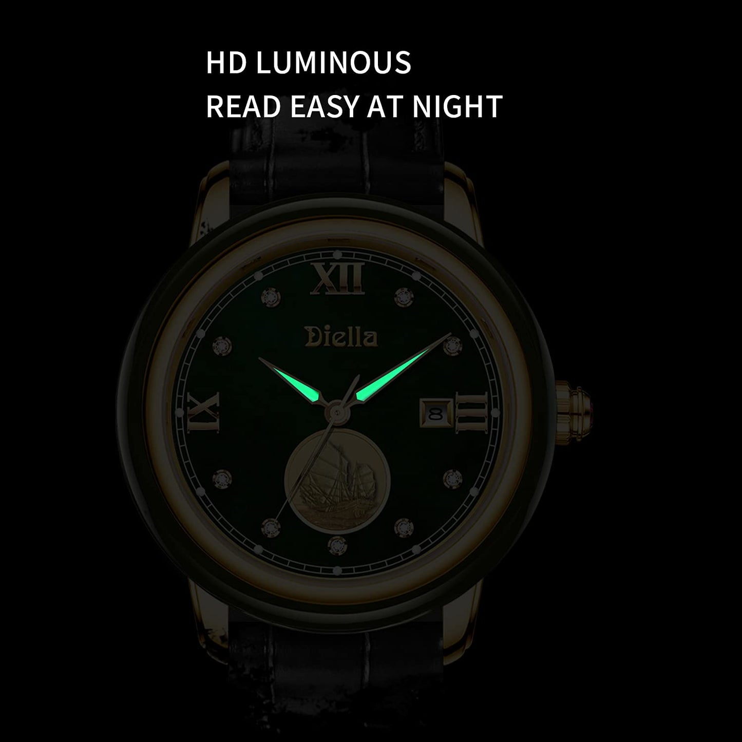 Diella Reloj impermeable para mujer, reloj de pulsera de cuero y movimiento de cuarzo japonés, relojes analógicos de moda, espejo de cristal de zafiro y circonitas de corona de rubí (AD5002L)
