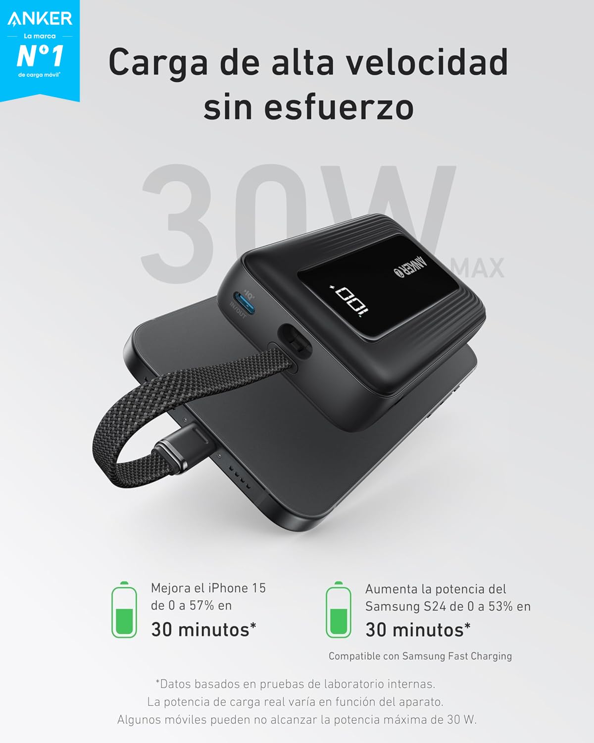 Anker Zolo Power Bank, Cargador Portátil de Alta Velocidad de 10000mAh 30W con Cable USB-C Integrado, 1 USB-C & A, Batería para iPhone 17/16/15/14/13, MacBook, Galaxy, iPad y Más