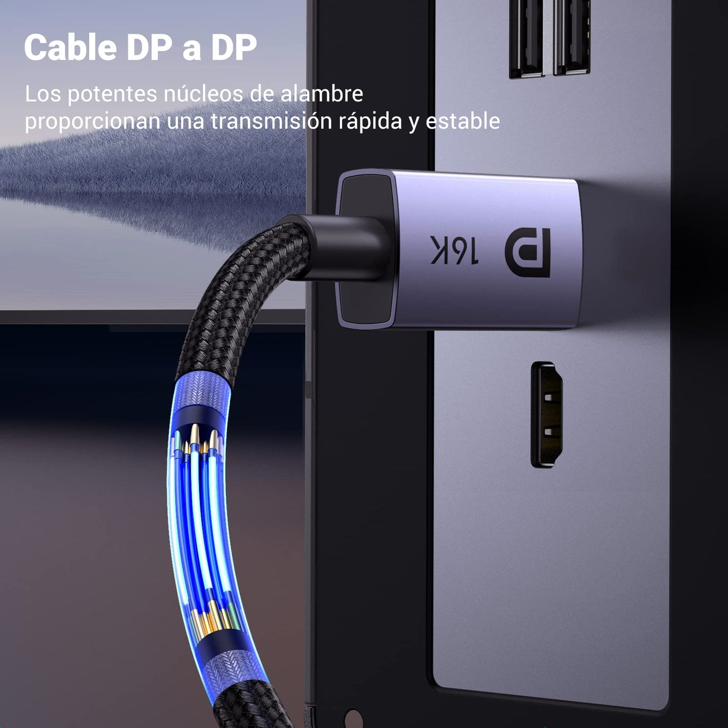 UGREEN Cable DisplayPort 2.1 Certificado VESA, Cable Displayport 16K 30Hz, 8K 60Hz, 4K 240Hz, 40Gbps, HDR, HDCP, 3D, Nylon Trenzado, Compatible con Portátiles, Juegos, Monitores, HDTV y Proyectores