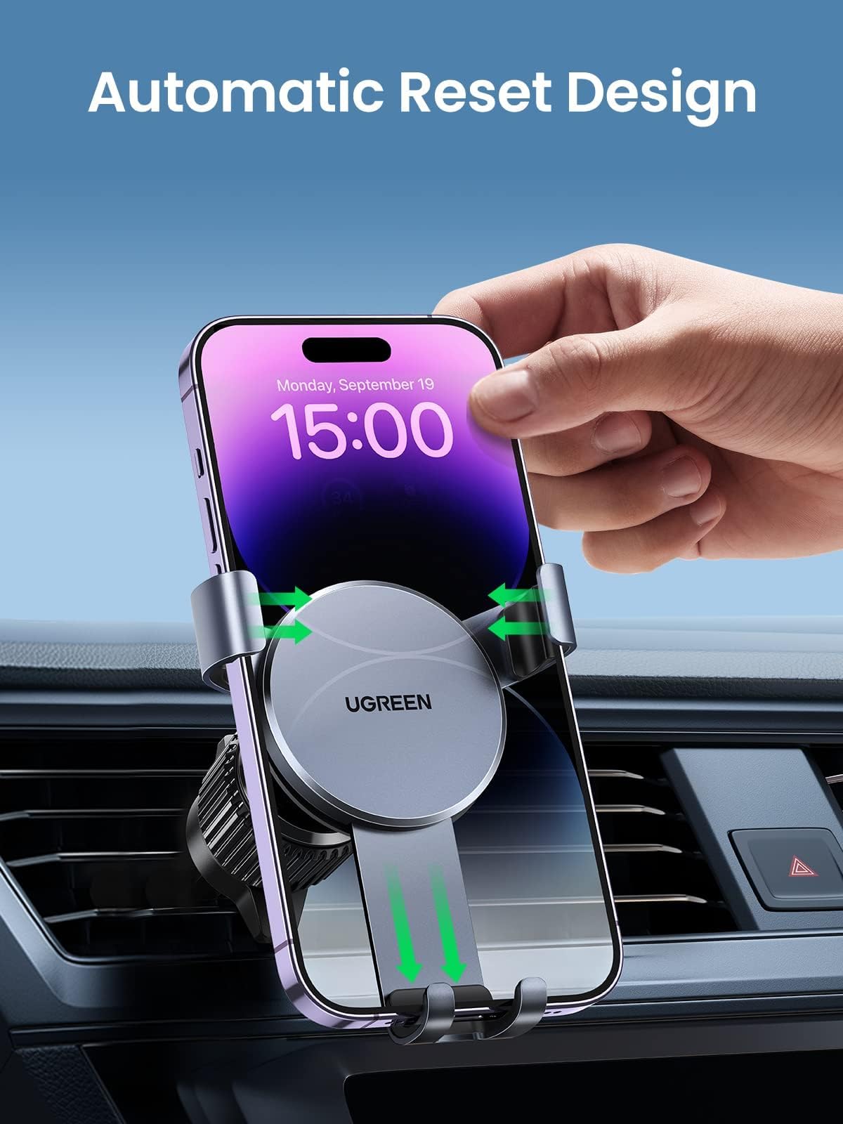 UGREEN Soporte Móvil Coche Gravedad con Gancho para Ventilación, Suporte Telemovel Carro Compatible coniphone 17 Pro MAX Air/16/15/14;Samsung Galaxy S25/S24; Google Pixel 10/9/8 Gris