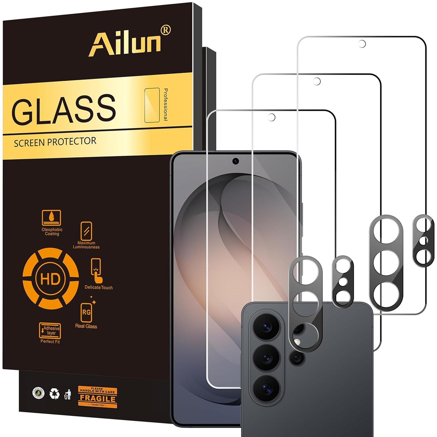 Ailun Protector de pantalla de vidrio para Galaxy S26 Ultra [6.9 pulgadas], paquete de 3 + 2 lentes de cámara, vidrio templado, desbloqueo de huellas dactilares, 0.25 mm, ultra transparente