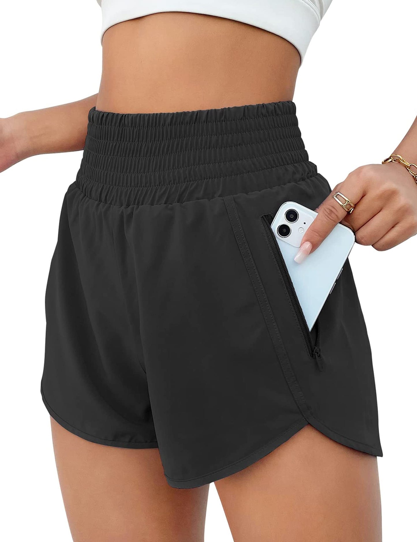 BMJL Pantalones Cortos Deportivos para Mujer, de Cintura Alta, para Correr, con Bolsillo, 2.5 Pulgadas, Pantalones Cortos Deportivos elásticos para Gimnasio, Negro, M