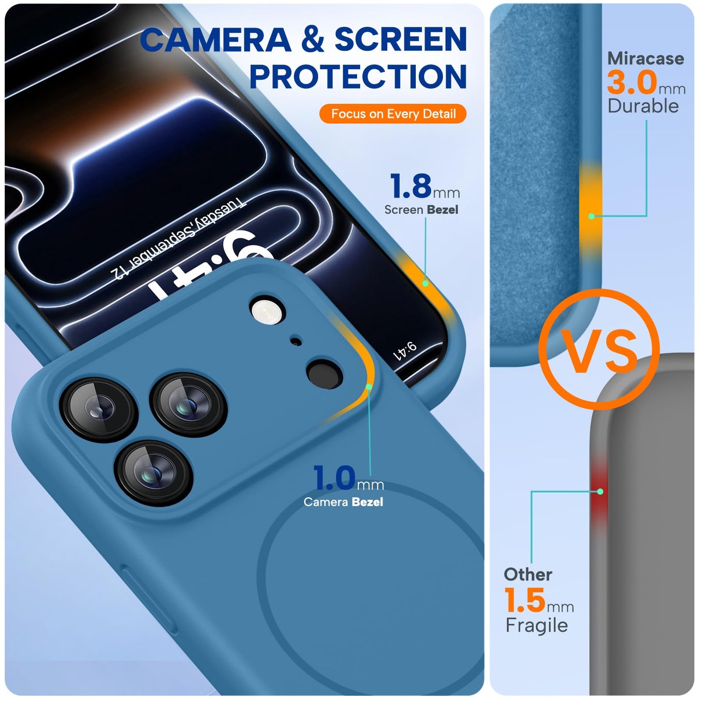 Miracase Funda magnética para iPhone 17 Pro, compatible con MagSafe, cubierta de control de cámara de silicona integrada, 3 mm de grosor, a prueba de golpes, protección contra caídas para teléfono 17