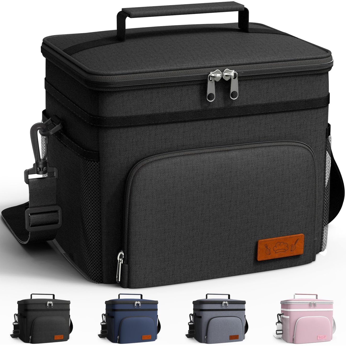 HOTOR Lonchera aislada para hombres y mujeres, bolsa de almuerzo a prueba de fugas con 4 bolsillos, correa ajustable, ideal para el trabajo, picnic, viajes, mediano, negro, 10.2 x 6.9 x 8.5 pulgadas