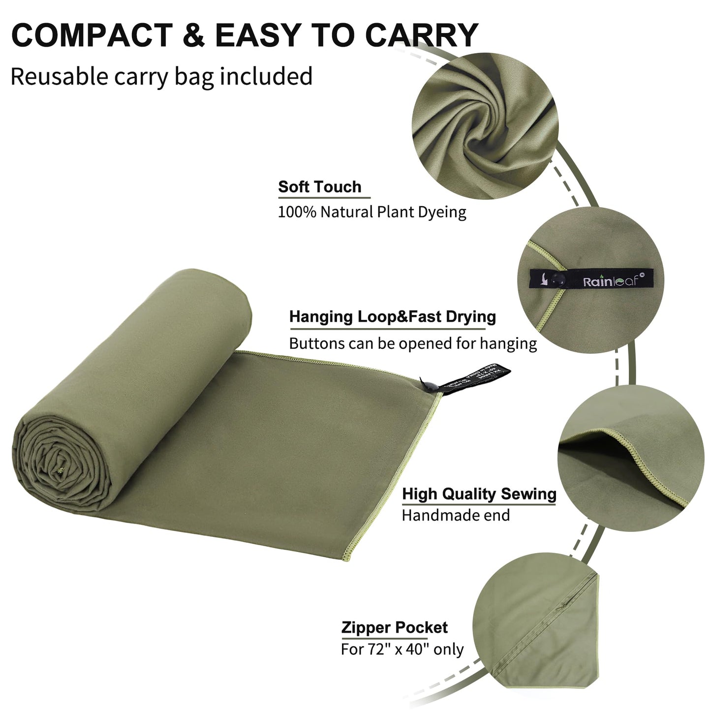 Rainleaf Toalla de Microfibra, 24 x 48 Pulgadas, Verde Militar.