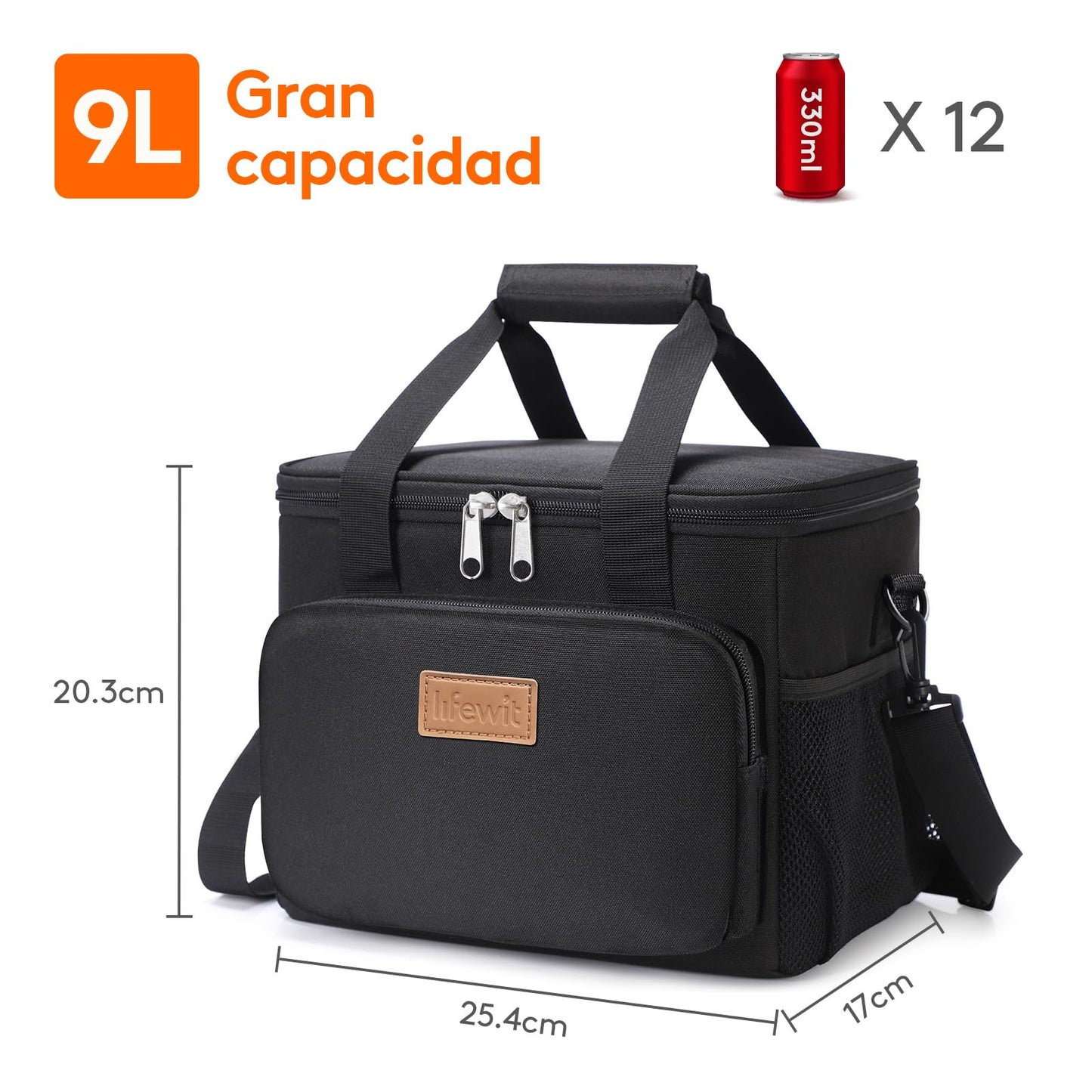 Lifewit Bolsa Termica Porta Alimentos 9L(12 Latas), Bolso Comida Trabajo Hombre y Mujer, Lunch Bag para Lonchera, Medio Bolsas Nevera Portatil para Playa, Viaje, Work, Negro