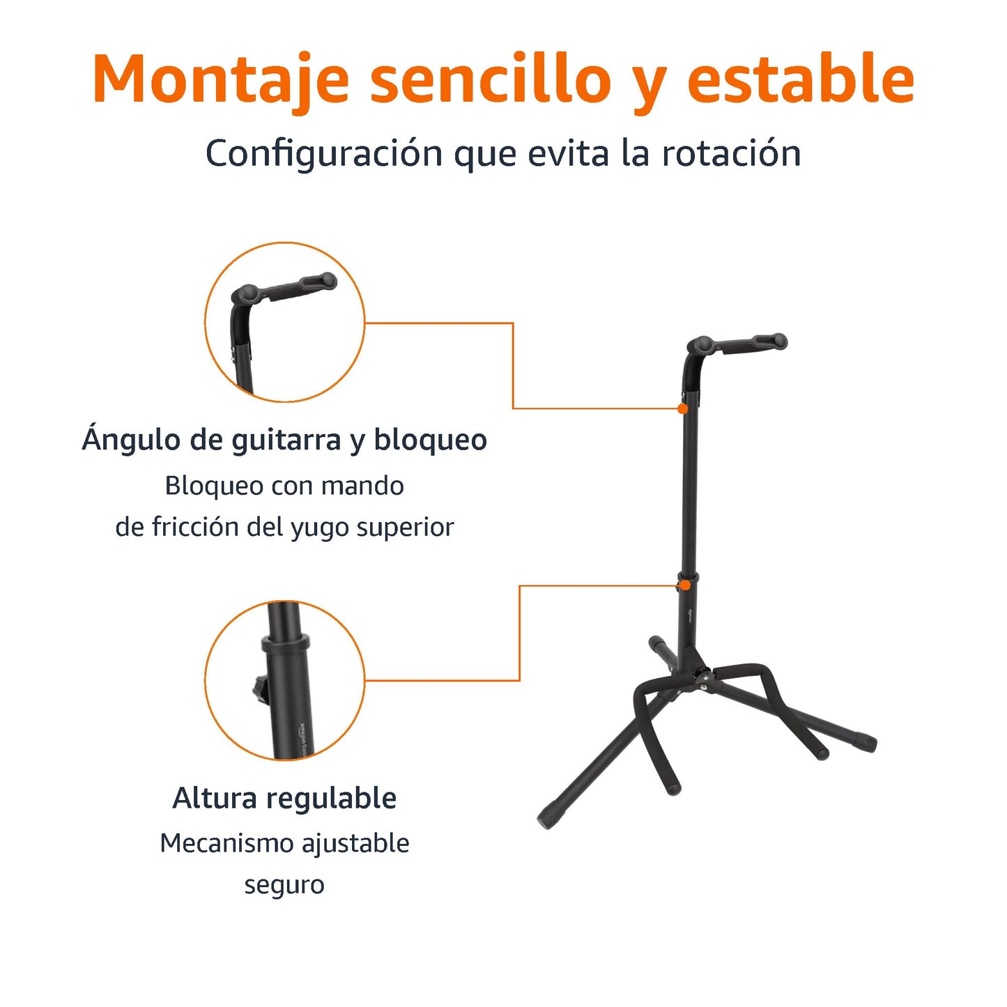 Amazon Basics Soporte Portátil Plegable para Guitarra, Diseño de Trípode Ligero con Acolchado Antideslizante, Altura Ajustable para Guitarras Acústicas, Eléctricas y Bajos, Negro