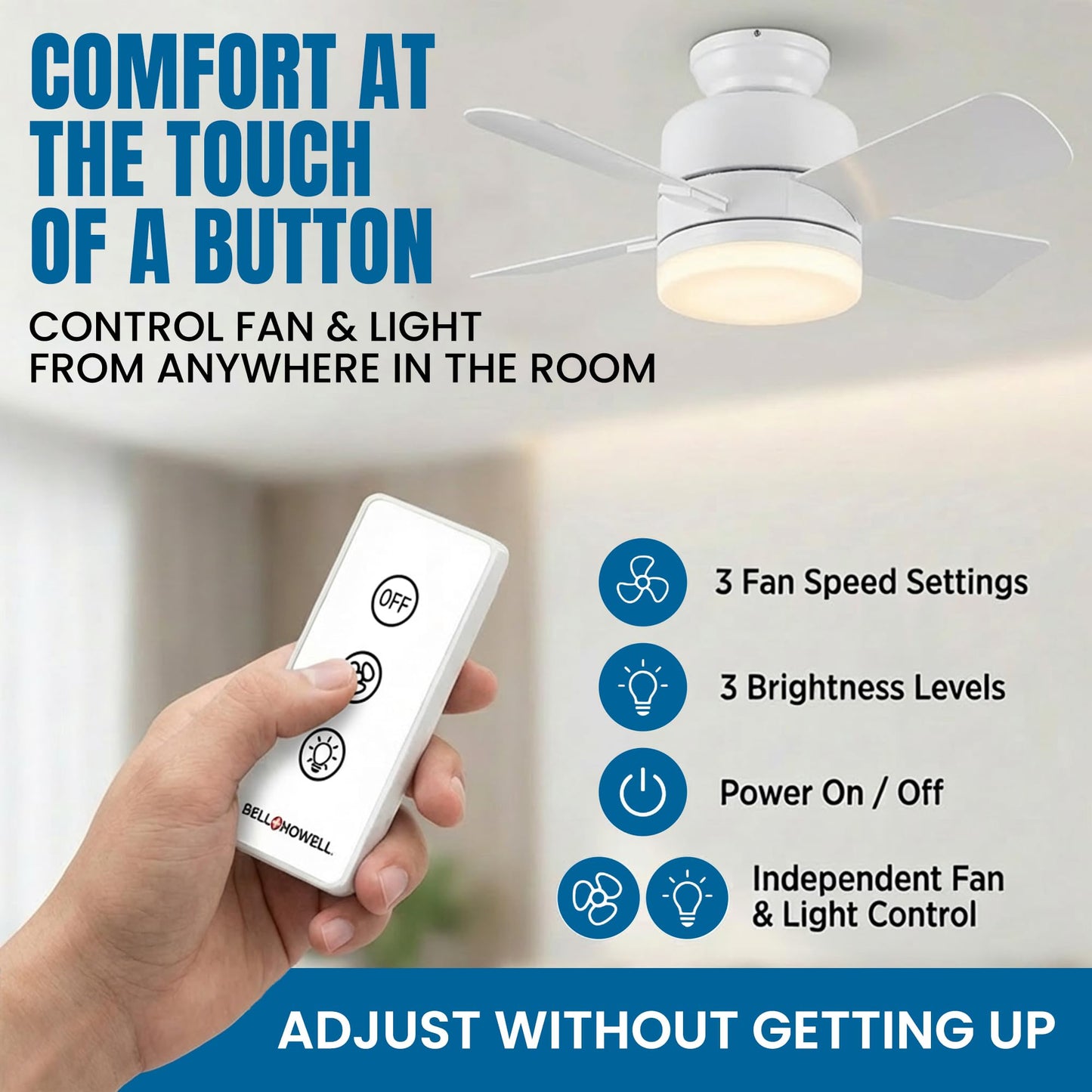 Bell+Howell Socket Breeze 15.4 pulgadas, modelo Deluxe de 5 velocidades, ventiladores de techo de perfil bajo con luces y control remoto, para recámara, cocina, sala de estar