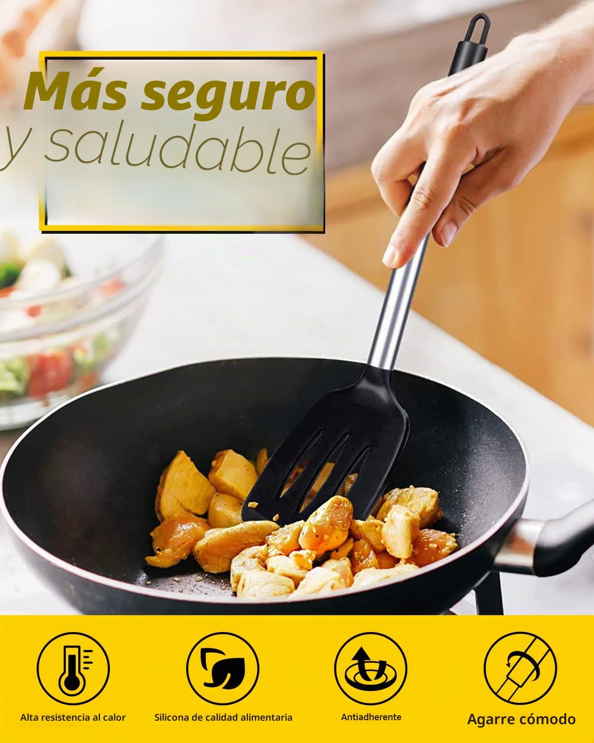 Juego de 2 Espátulas de Silicona, Espátula Antiadherentes Resistente al Calor, Utensilios de Cocina para Servir, Freir, Cocinar Huevos, Peacado, Verduras, Steak, Tortitas（Negro）