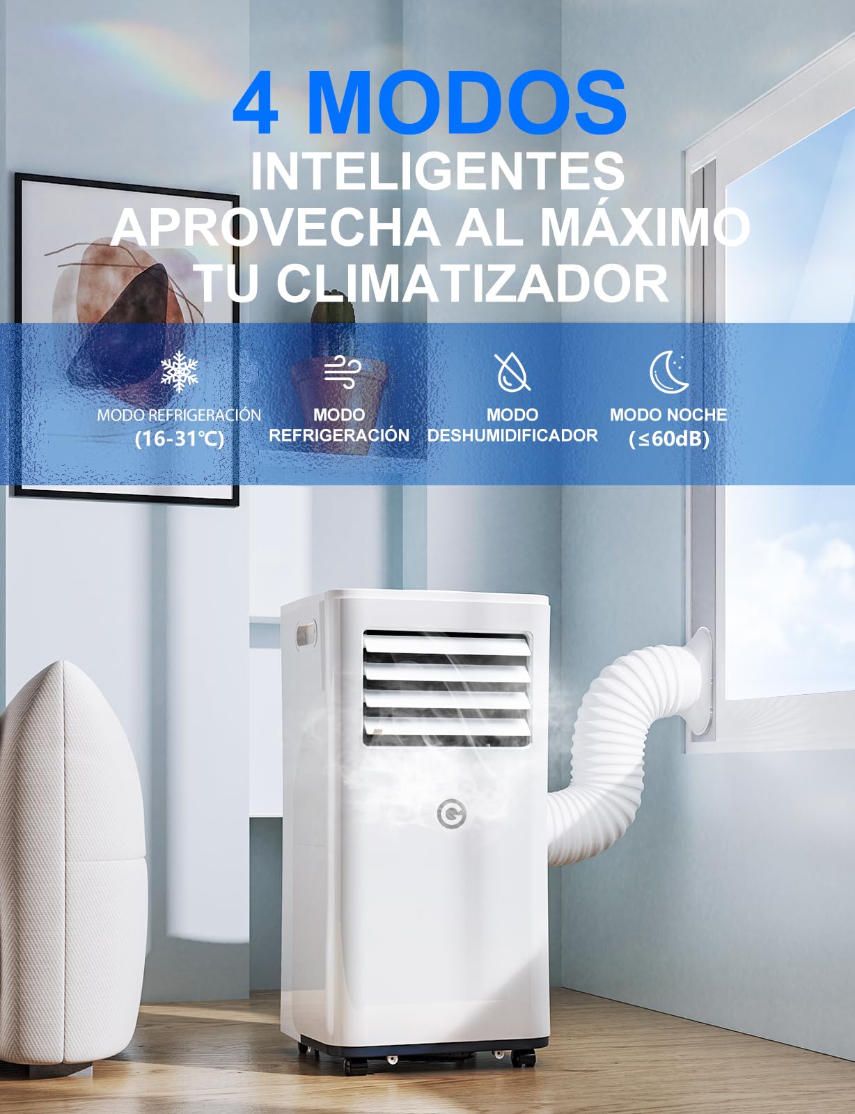 Aire Acondicionado Portátil 9000 BTU, 4 en 1: Refrigeración, Ventilador, Deshumidificador y Modo Sueño, Silencioso, con Mando, Temporizador 24h y Kit de Ventana, para Dormitorio, Oficina, Garaje, 25㎡