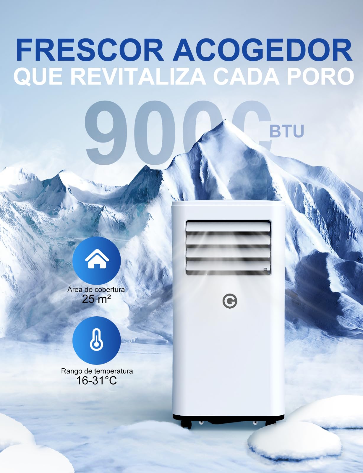 Aire Acondicionado Portátil 9000 BTU, 4 en 1: Refrigeración, Ventilador, Deshumidificador y Modo Sueño, Silencioso, con Mando, Temporizador 24h y Kit de Ventana, para Dormitorio, Oficina, Garaje, 25㎡
