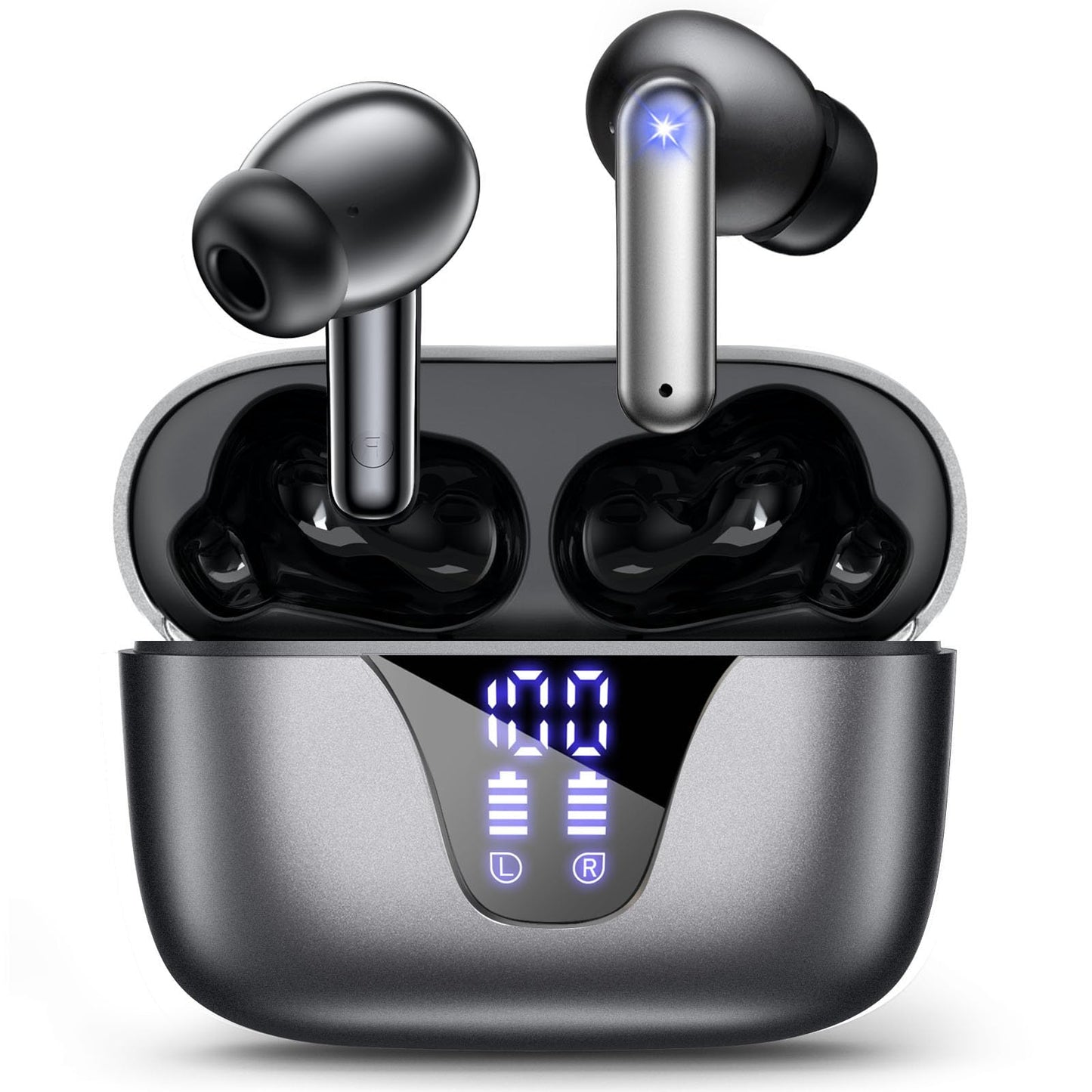 Auriculares inalámbricos Bluetooth, 50 horas de reproducción, con micrófono y pantalla digital LED, funda de carga, IPX7, impermeables, para iPhone y Android, tono