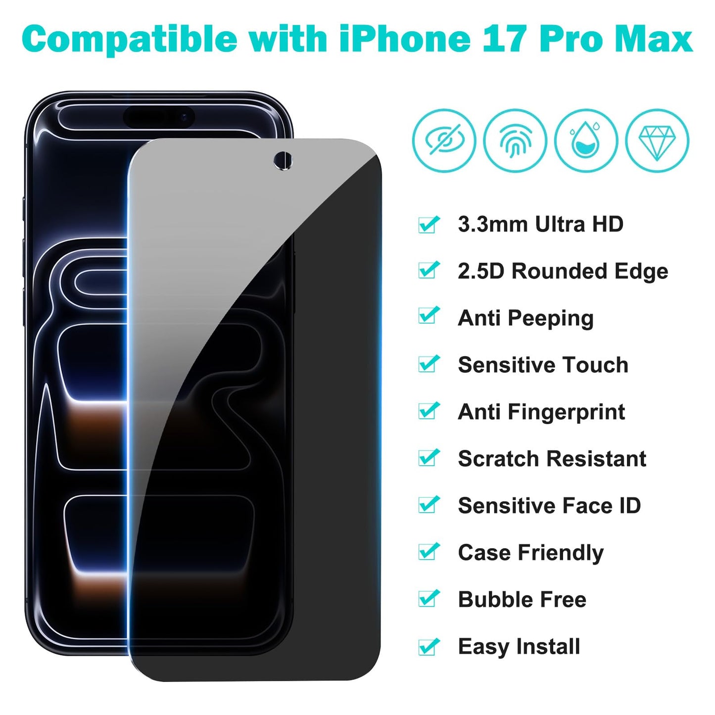 Paquete de 3+3 protectores de pantalla de privacidad para 17 Pro Max con protector de lente de cámara, cobertura completa, película de vidrio templado antiespía, dureza 9H, protección de borde