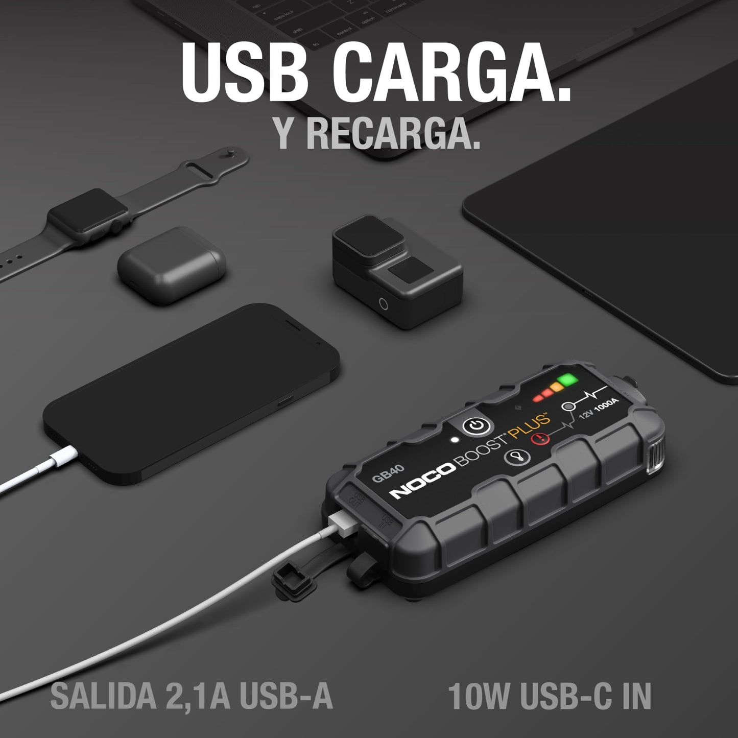 NOCO Boost GB40: Arrancador de Batería de Litio de 1000A UltraSafe – Antichispas y Protección contra Polaridad Inversa – Power Bank USB y Linterna LED – para Motores de Gasolina 6,0L y Diésel 3,0L
