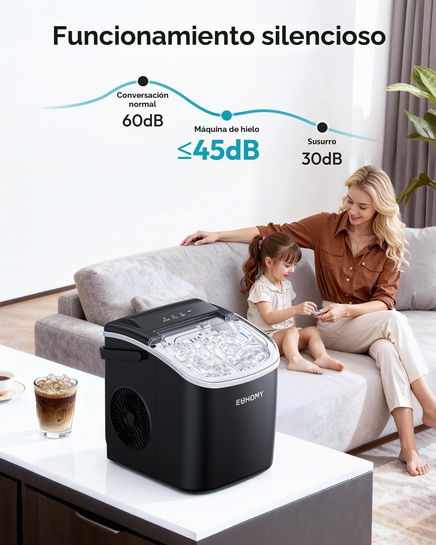 EUHOMY Máquina de Hielo: 9 Cubos en 6 Minutos, Maquina de Hacer Hielo Autolimpiable, 12Kg/24H, 2 Tamaños de Hielo, con aAsa, Pala para Hielo y Cesta Ideal Para Inicio/Cocina/Oficina/Bar, Negra mate