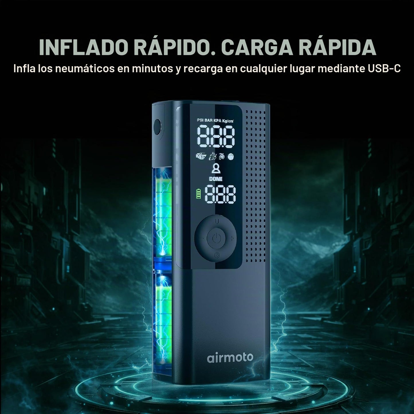 Airmoto La bomba de aire portátil original, 120 PSI compresor de aire inflador de neumáticos – se adapta a neumáticos de coche, camión y motocicleta – Medidor de presión digital, bomba compacta