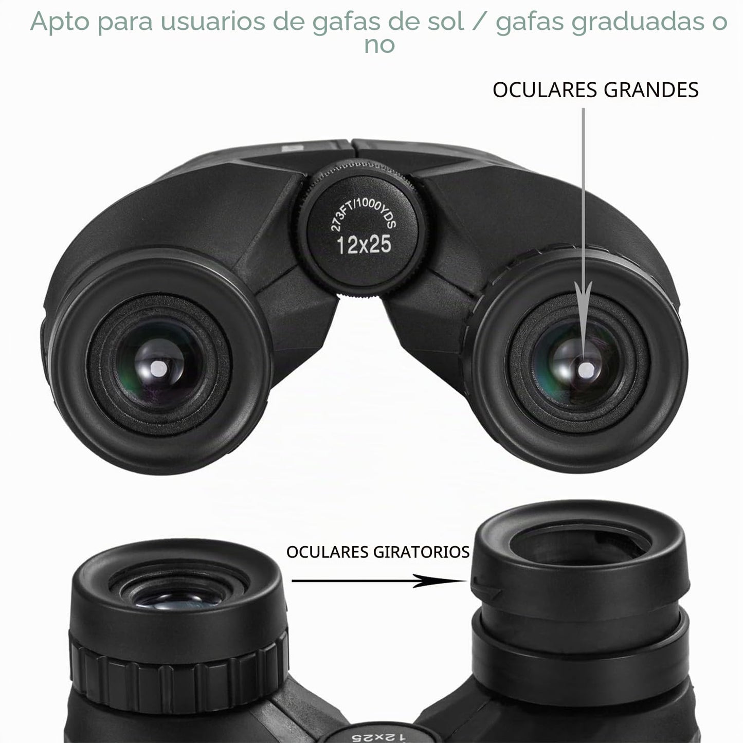 Prismáticos compactos de 12 x 25 Pulgadas con visión Nocturna con Poca luz, Gran Ocular Impermeable para Adultos y niños, prismáticos de Alta Potencia de fácil Enfoque para observación de Aves, Caza