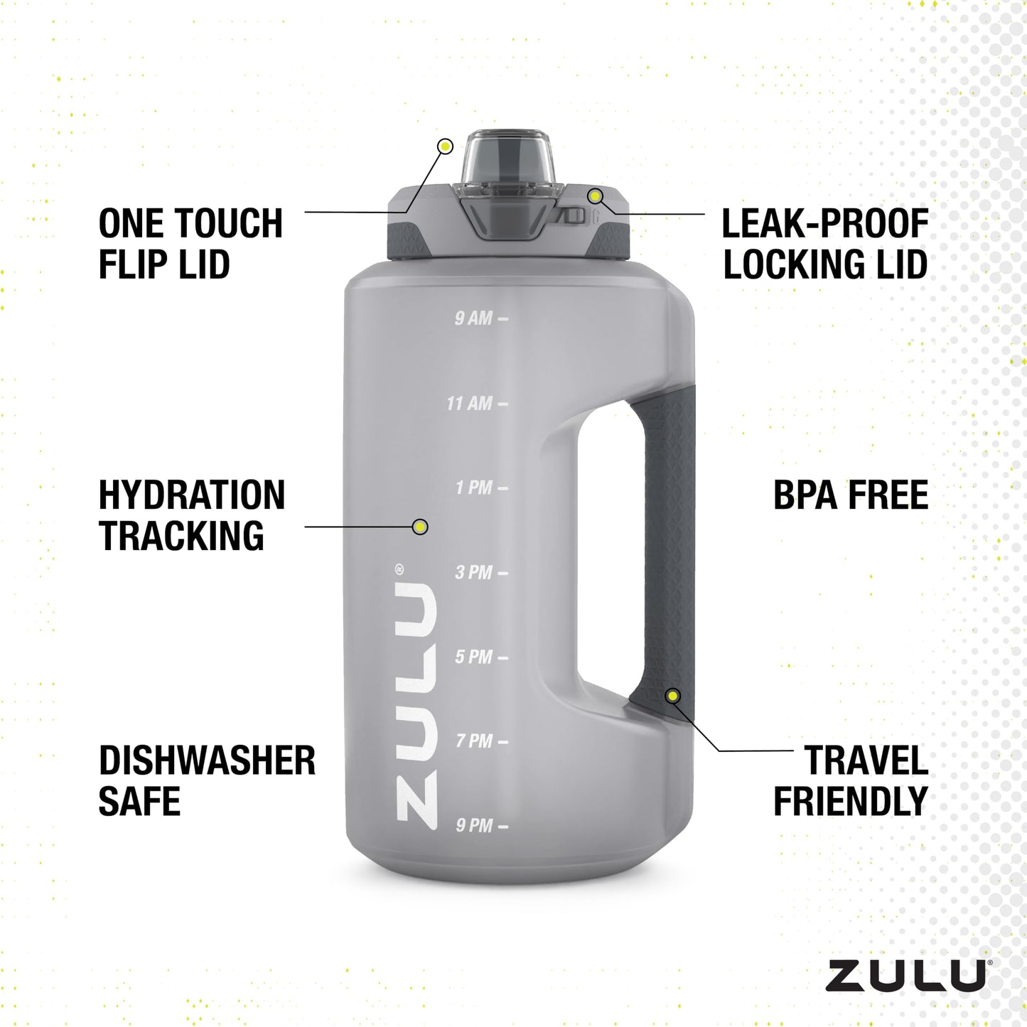 ZULU Goals - Jarra de medio galón con marcador de tiempo y asa para hidratación durante todo el día y popote de silicona con bloqueo, tapa a prueba de fugas, sin BPA, gris, 64 onzas