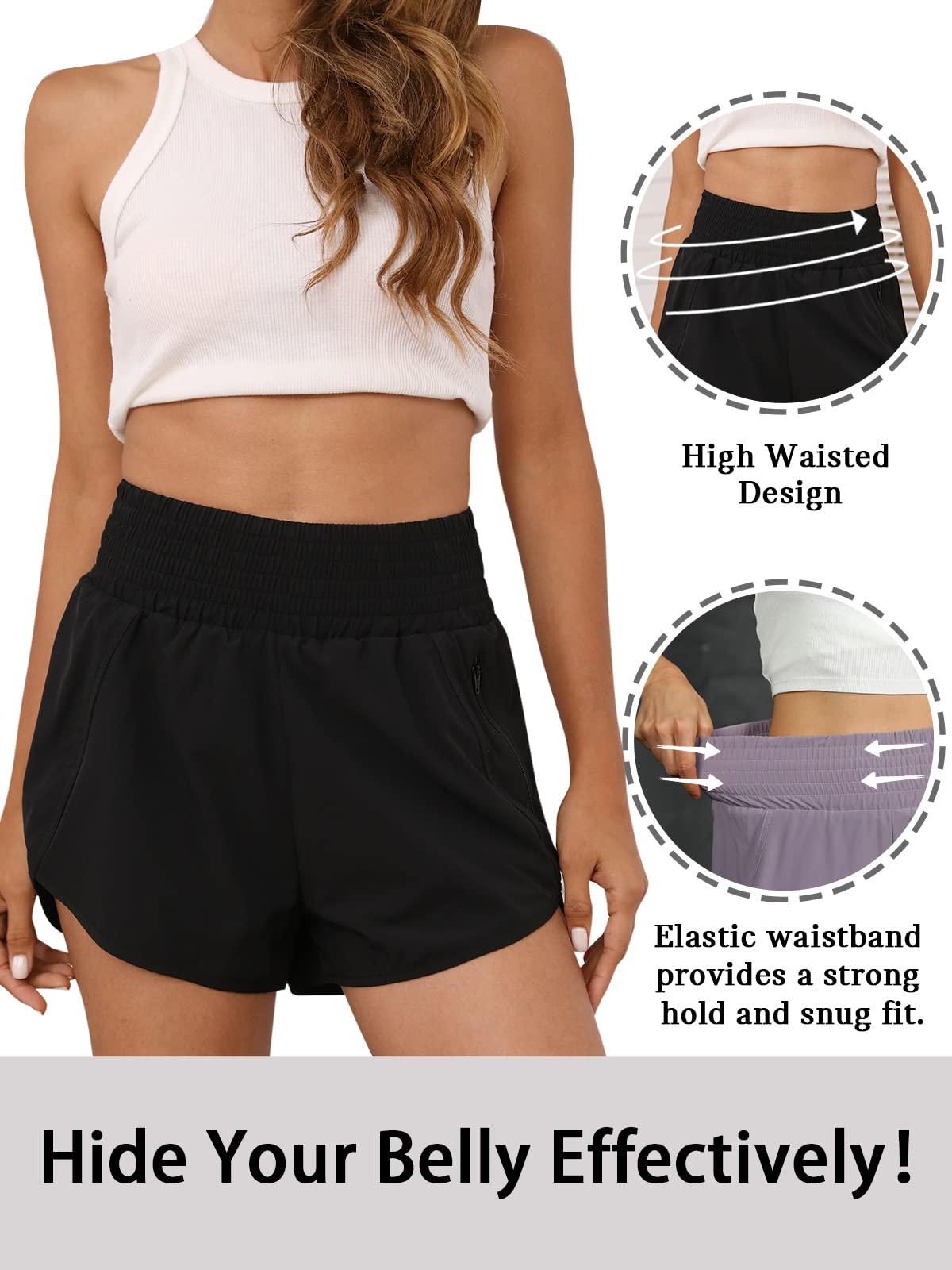BMJL Pantalones Cortos Deportivos para Mujer, de Cintura Alta, para Correr, con Bolsillo, 2.5 Pulgadas, Pantalones Cortos Deportivos elásticos para Gimnasio, Negro, M