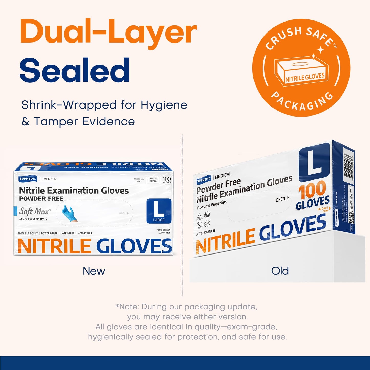 Supmedic Guantes médicos desechables de nitrilo de 3.5 mil, sin polvo, sin látex, caja de 100 unidades (azul) (grande)