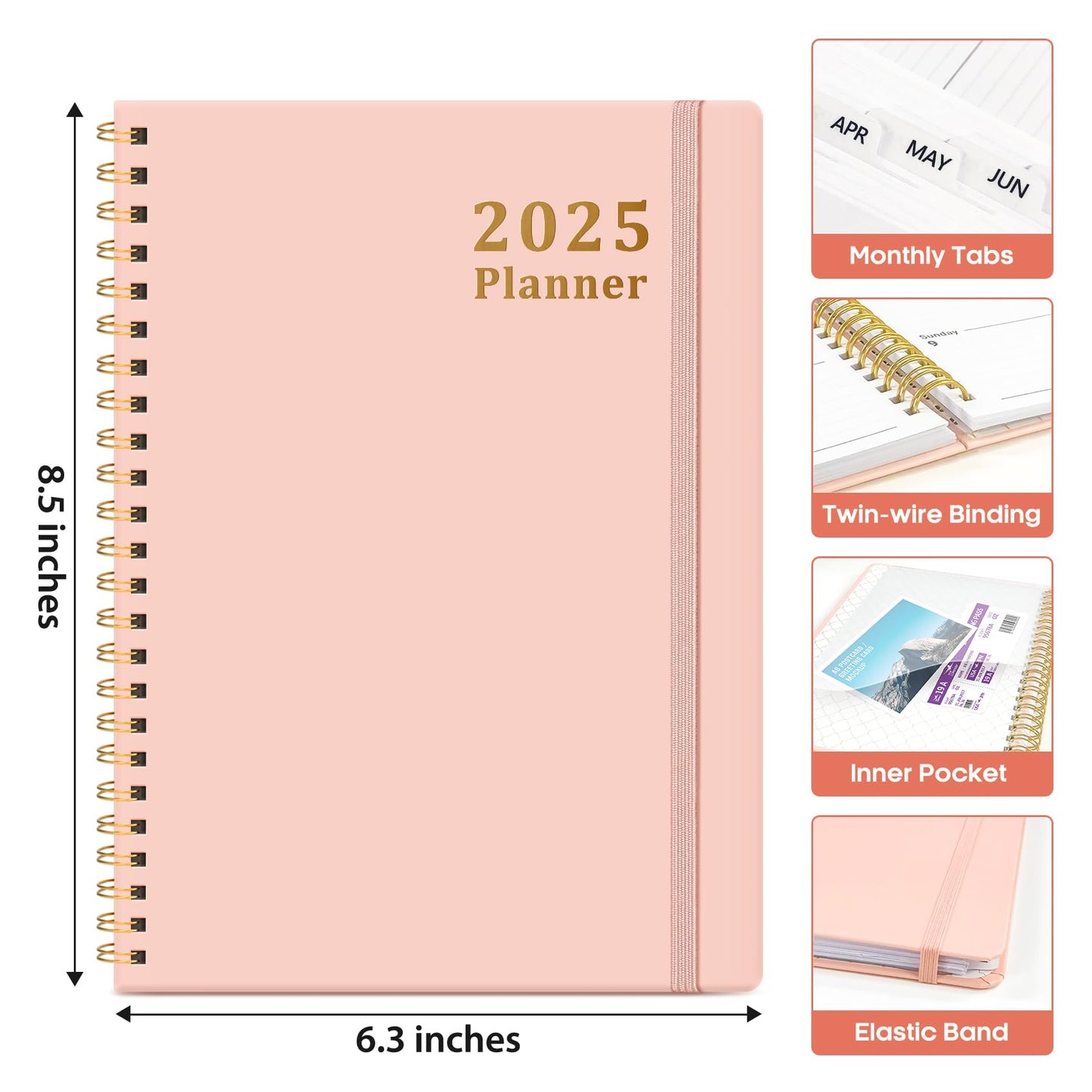 Agenda 2025 – Agenda semanal y mensual con espiral, enero de 2025 a diciembre de 2025, agenda 2025 de tapa dura con pestañas, bolsillo interior, perfecto para suministros escolares de oficina, hogar