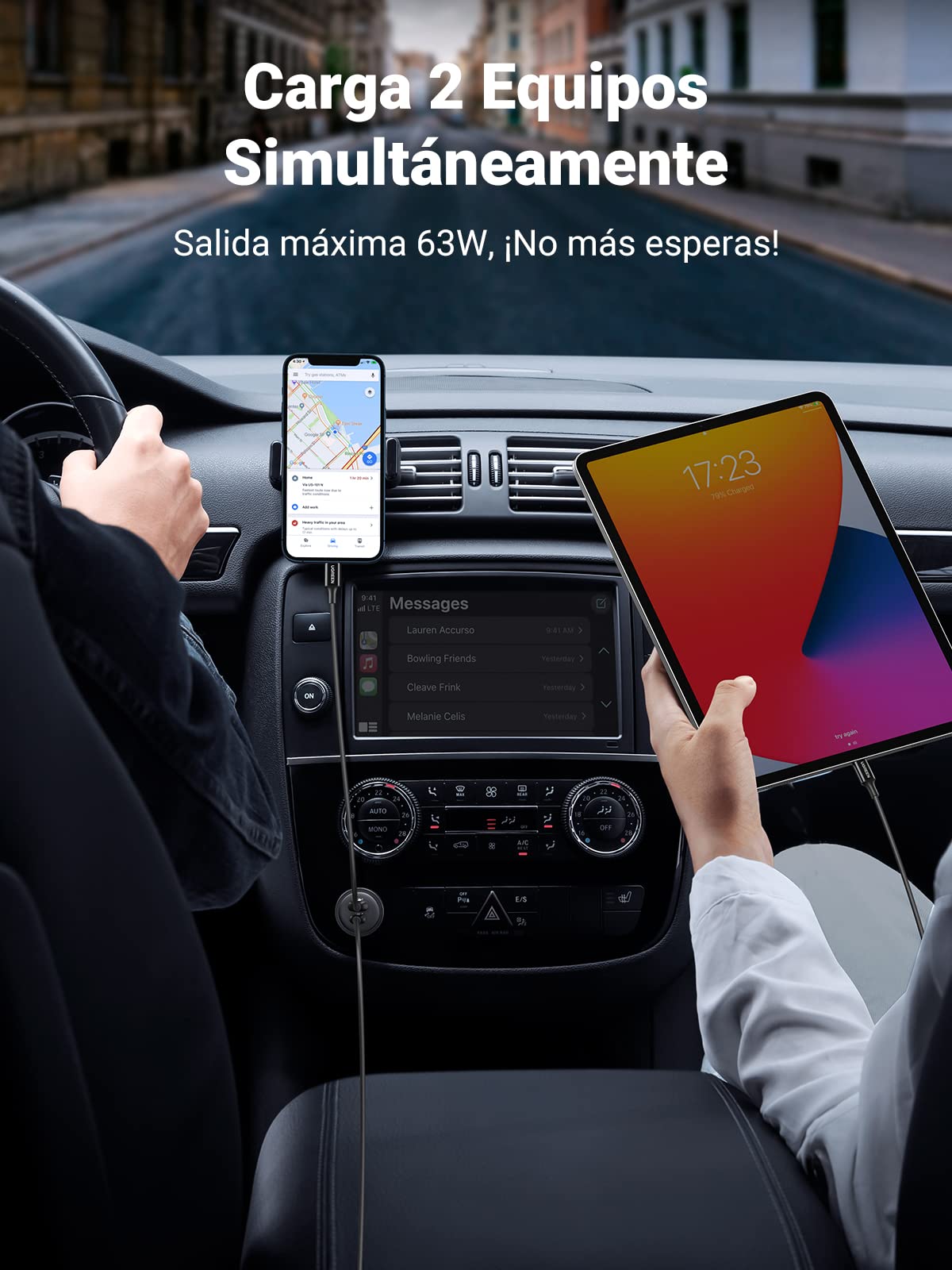 UGREEN 63W Cargador de Coche USB C con Cable 1 M, Car Charger Tipo C PD 3.0 QC 3.0 PPS 45W, Compatible con iPhone 16/15/14 Plus Pro MAX, Galaxy S24 Ultra/23/22, Xiaomi Redmi