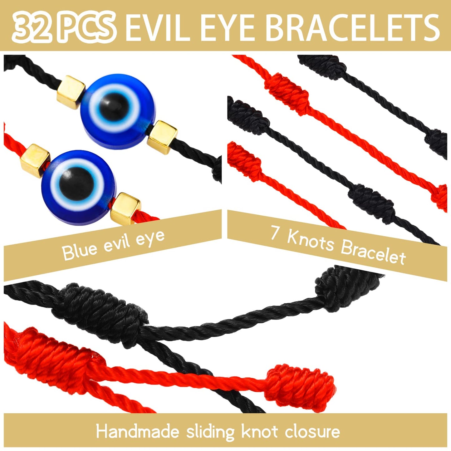 32 pulseras de ojo malvado ajustables con nudo de ojo malvado pulsera de buena suerte amuleto brazalete de cuerda trenzada pulsera de mal de ojo encanto playa pulsera para mujeres hombres, One Size