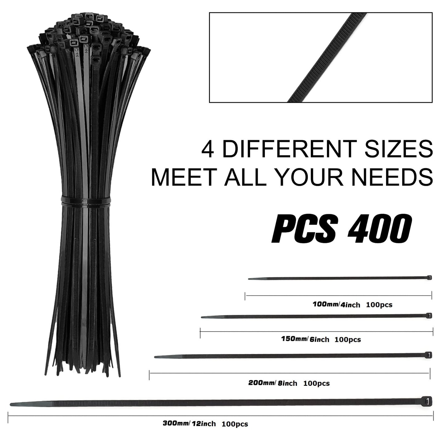 HAVE ME TD Paquete de 400 bridas para cables, negro, nailon, autobloqueo, varios tamaños 4/6/8/12 pulgadas