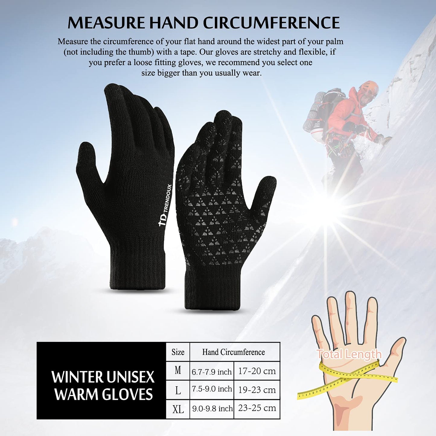 TRENDOUX Driving Gloves, Unisex Knit Winter Touchscreen Glove Men Women Texting Smartphone - Elastic Cuff - Thermal Wool Lining - Stretchy Material Black - L